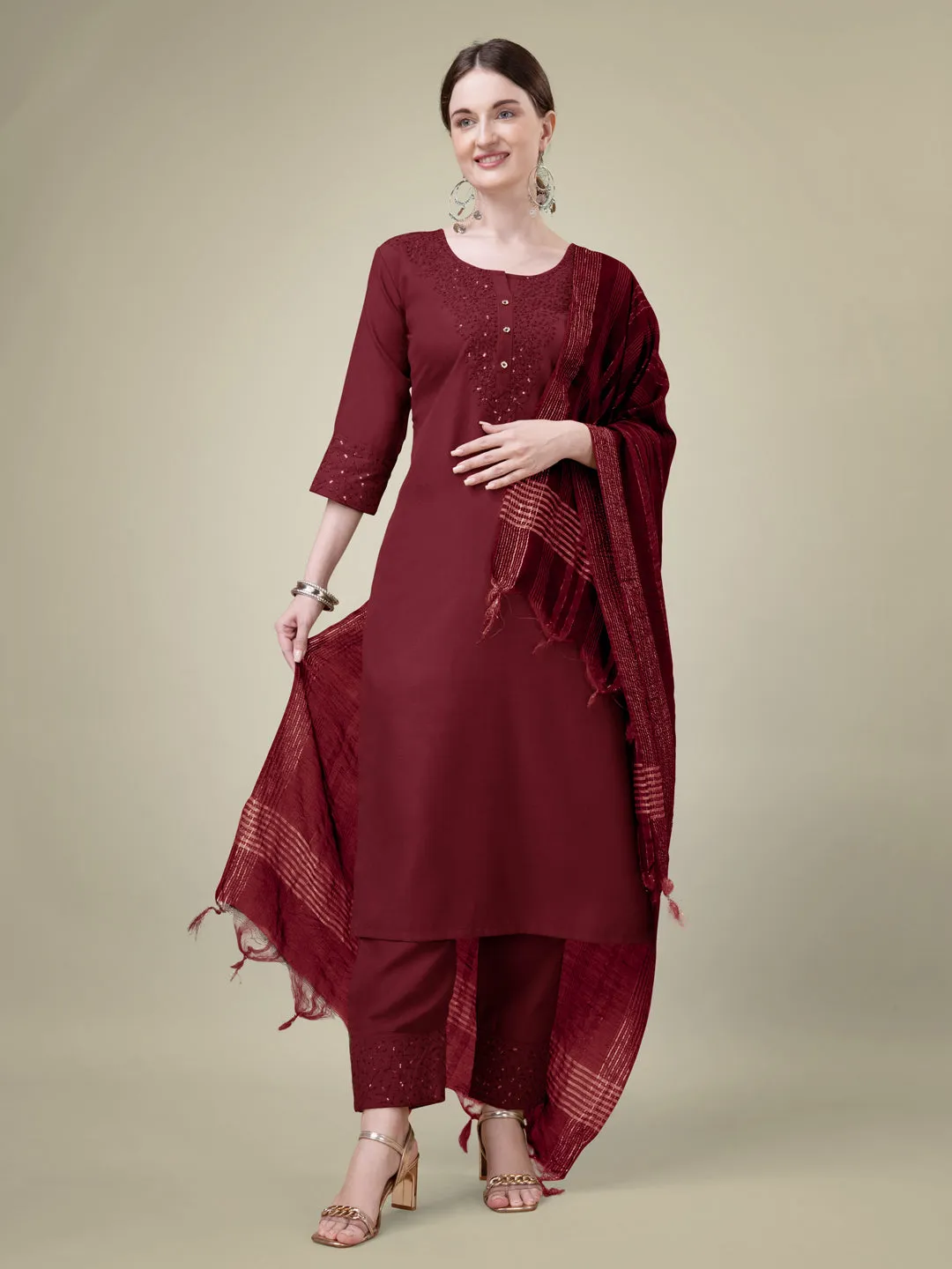 Maroon Rayon Print with Embroidery & Sequence Work Kurti Set