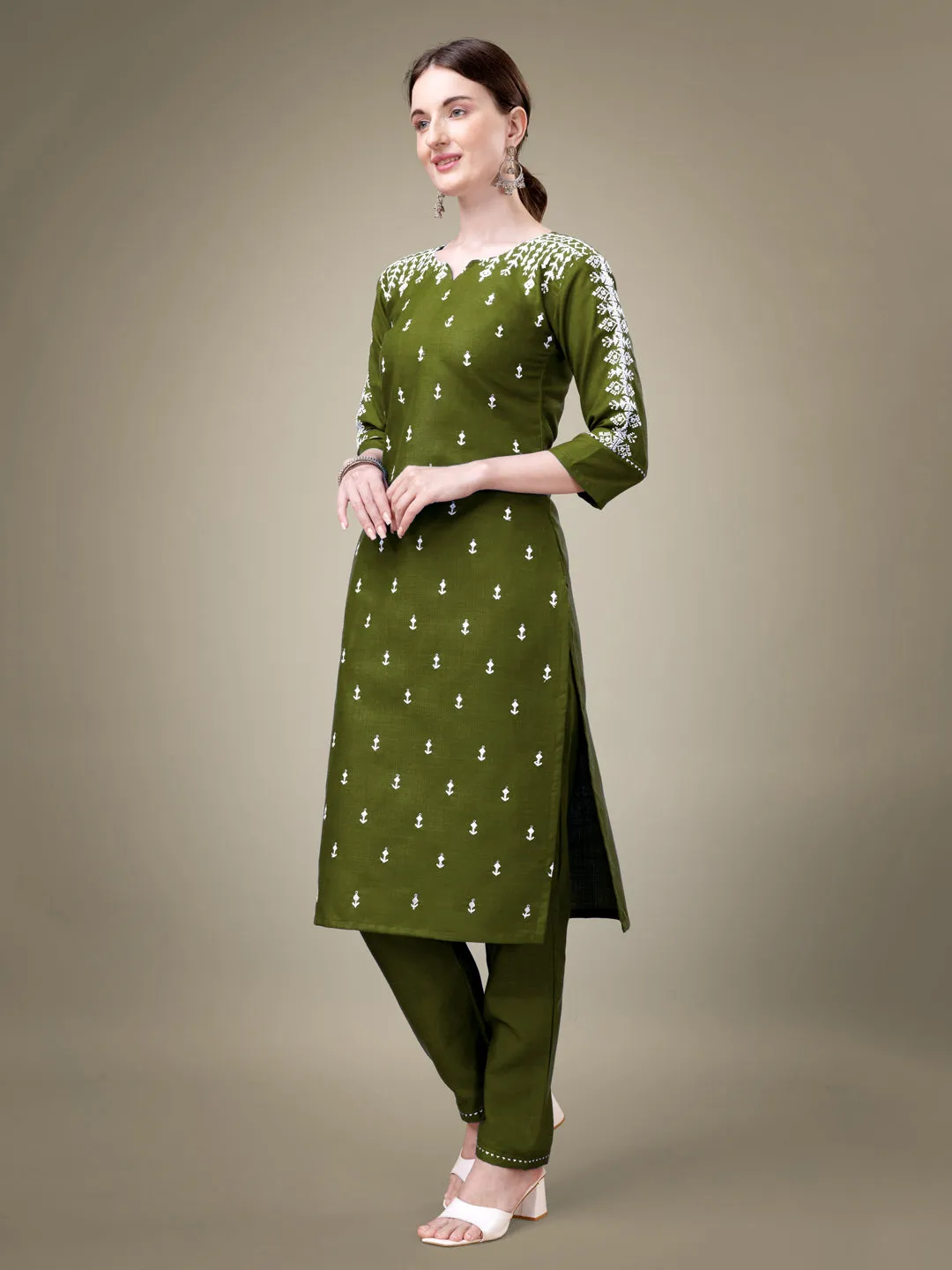 Mehendi Heavy Cotton Blend with Embroidery Work Kurti Set