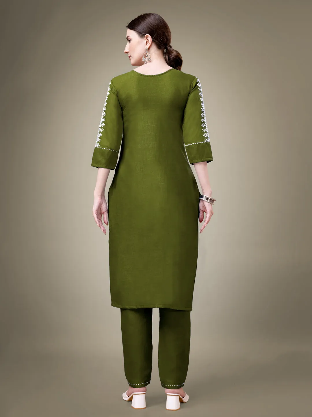 Mehendi Heavy Cotton Blend with Embroidery Work Kurti Set