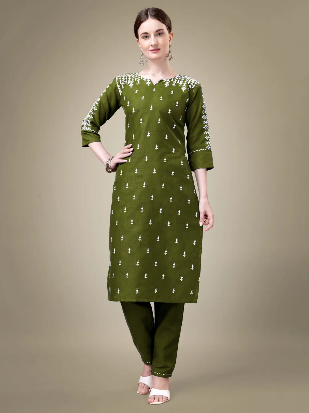 Mehendi Heavy Cotton Blend with Embroidery Work Kurti Set
