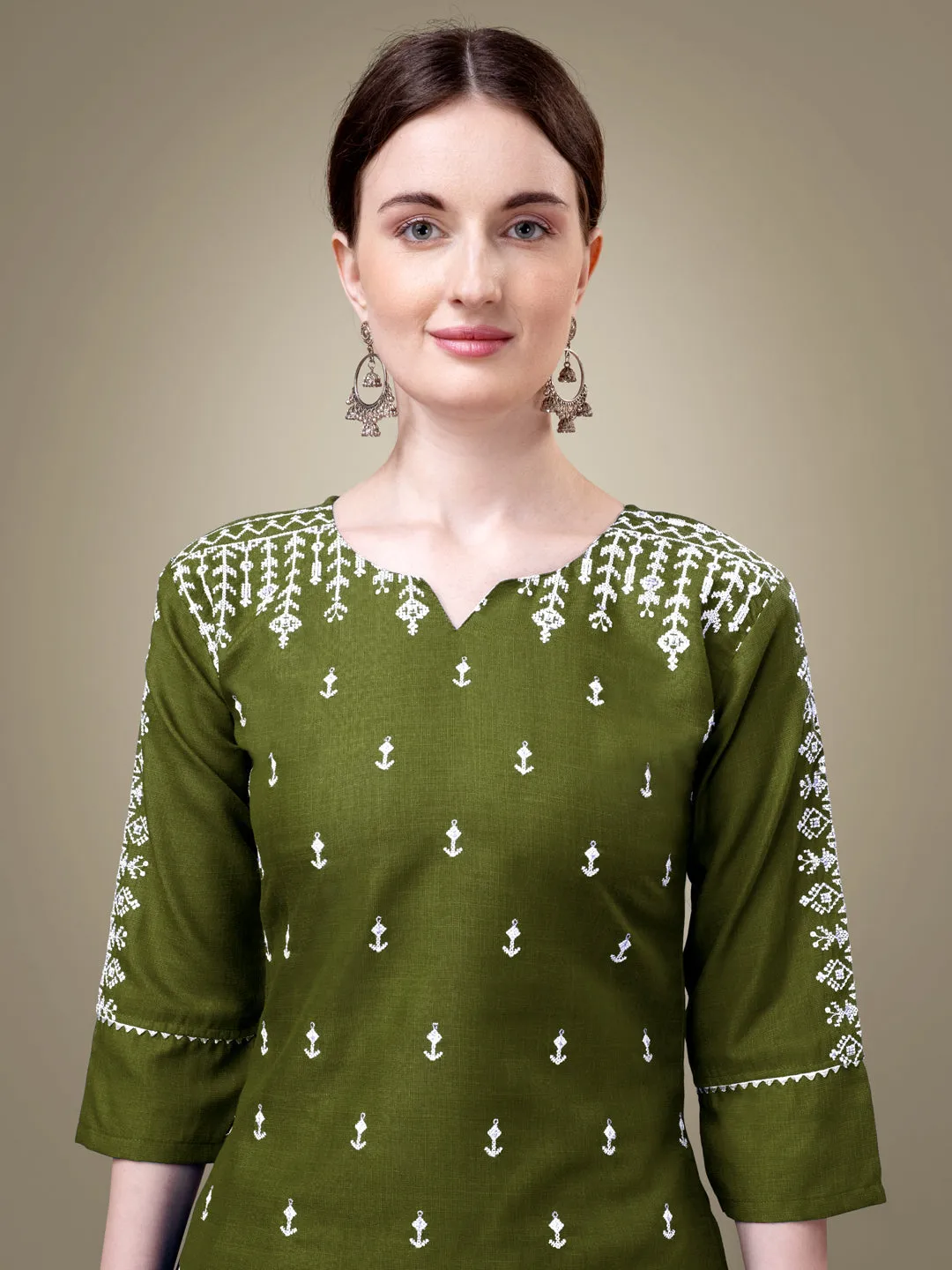 Mehendi Heavy Cotton Blend with Embroidery Work Kurti Set