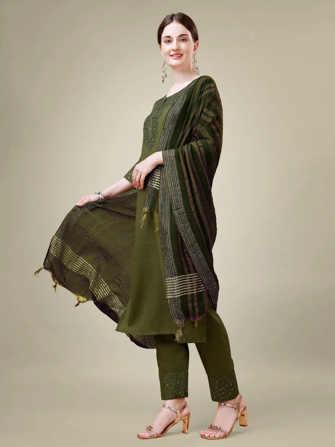 Mehendi Rayon Print with Embroidery & Sequence Work Kurti Set