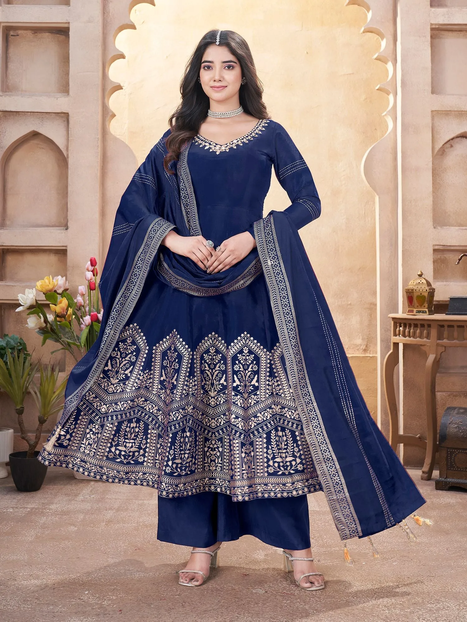 Nevy Blue Colour Pure Roman Silk Readymade Salwar Suit With Foil Print, Mirror And Thread Work Anarkali Salwar Suit