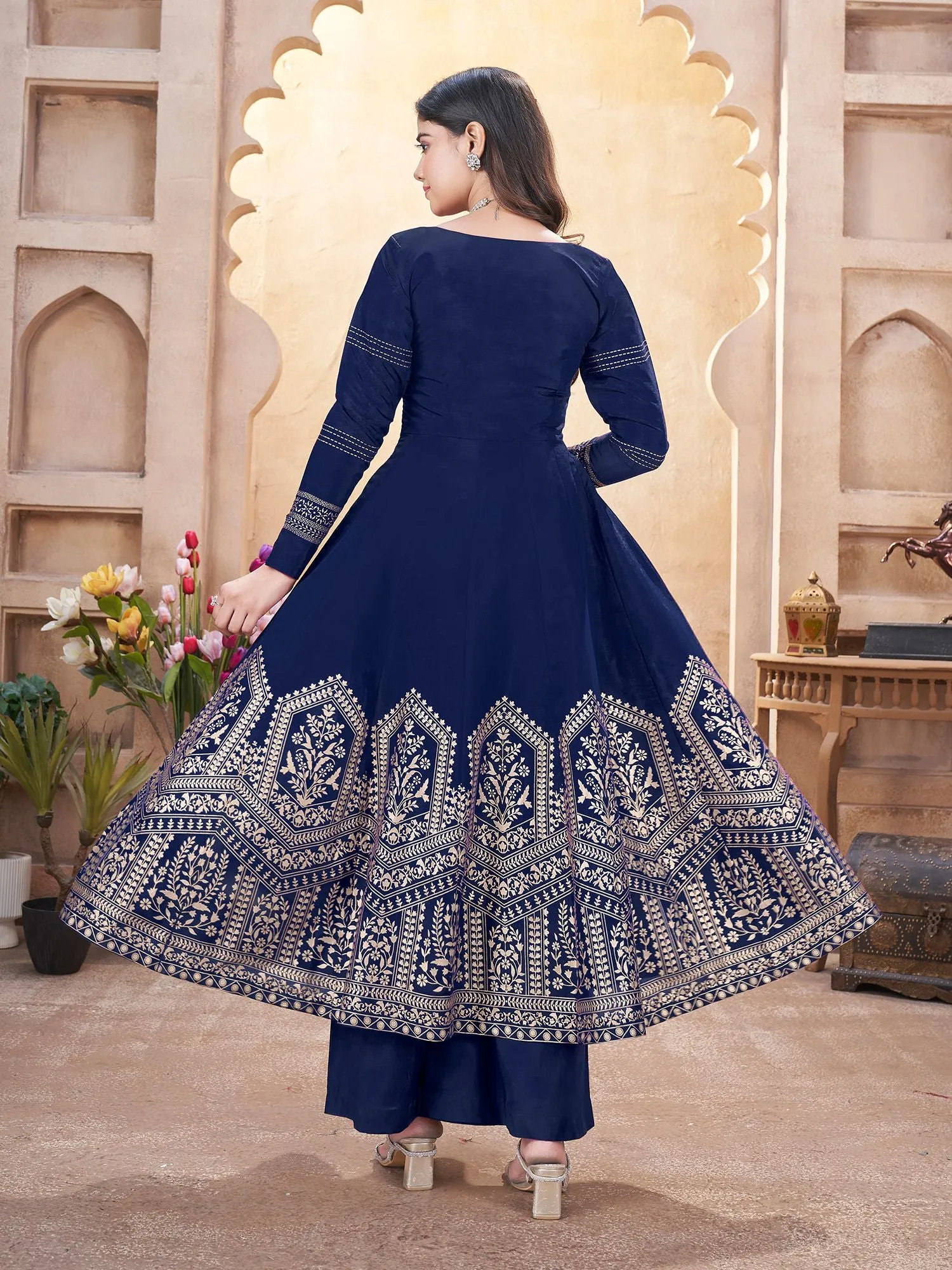 Nevy Blue Colour Pure Roman Silk Readymade Salwar Suit With Foil Print, Mirror And Thread Work Anarkali Salwar Suit