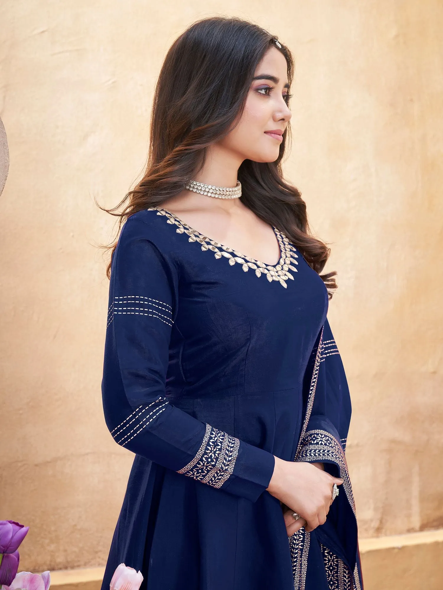 Nevy Blue Colour Pure Roman Silk Readymade Salwar Suit With Foil Print, Mirror And Thread Work Anarkali Salwar Suit