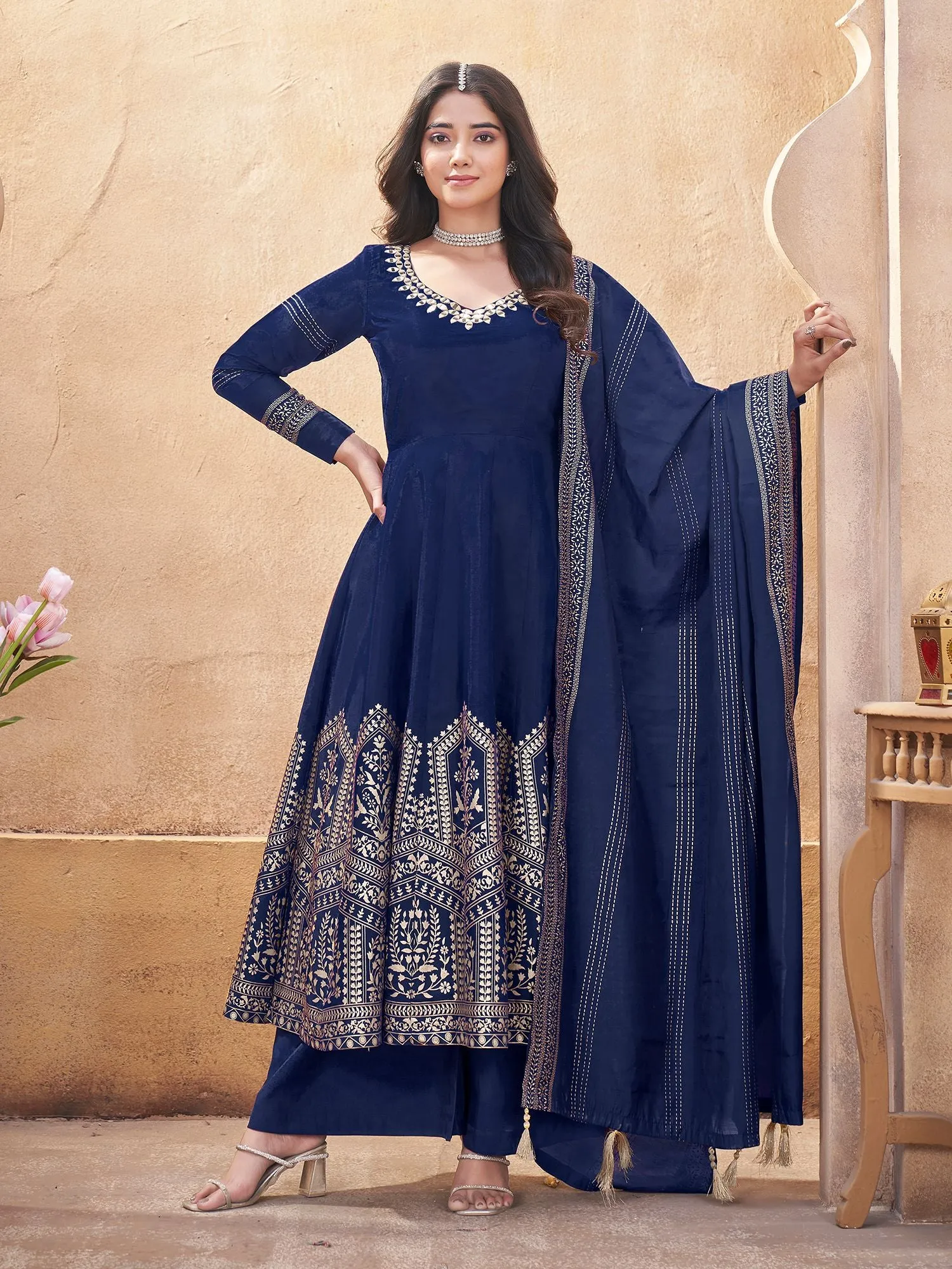 Nevy Blue Colour Pure Roman Silk Readymade Salwar Suit With Foil Print, Mirror And Thread Work Anarkali Salwar Suit