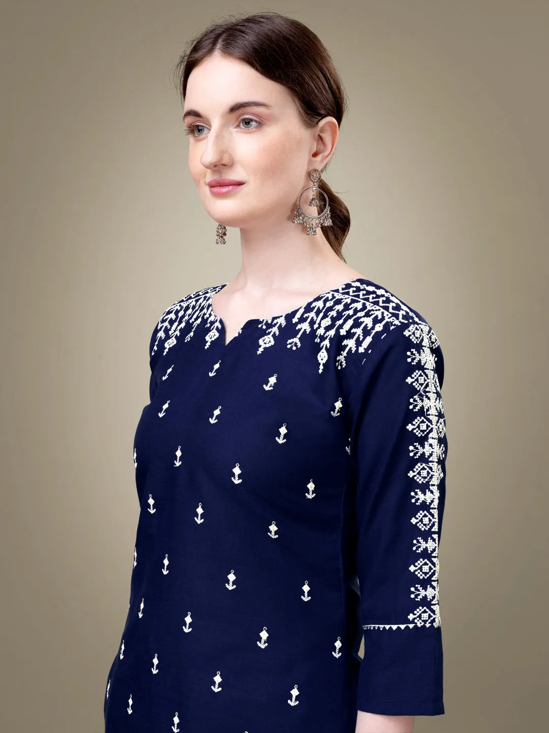 Nevy Blue Heavy Cotton Blend with Embroidery Work Kurti Set