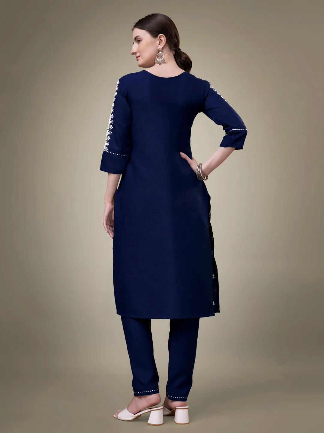 Nevy Blue Heavy Cotton Blend with Embroidery Work Kurti Set