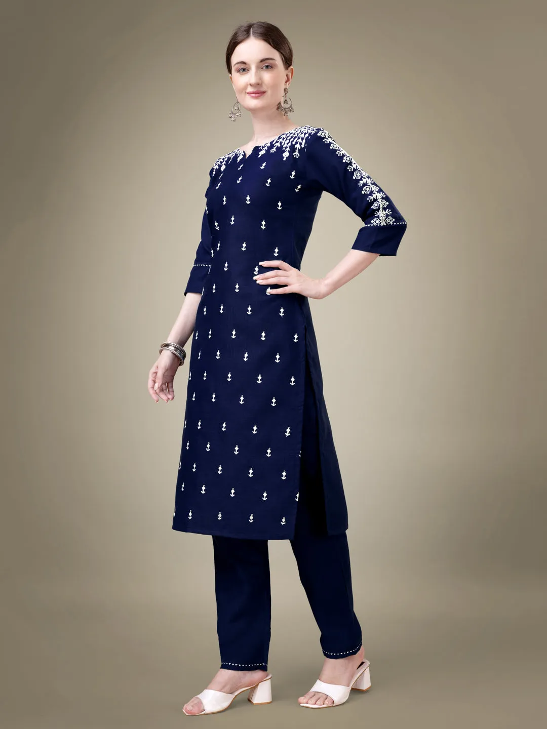 Nevy Blue Heavy Cotton Blend with Embroidery Work Kurti Set