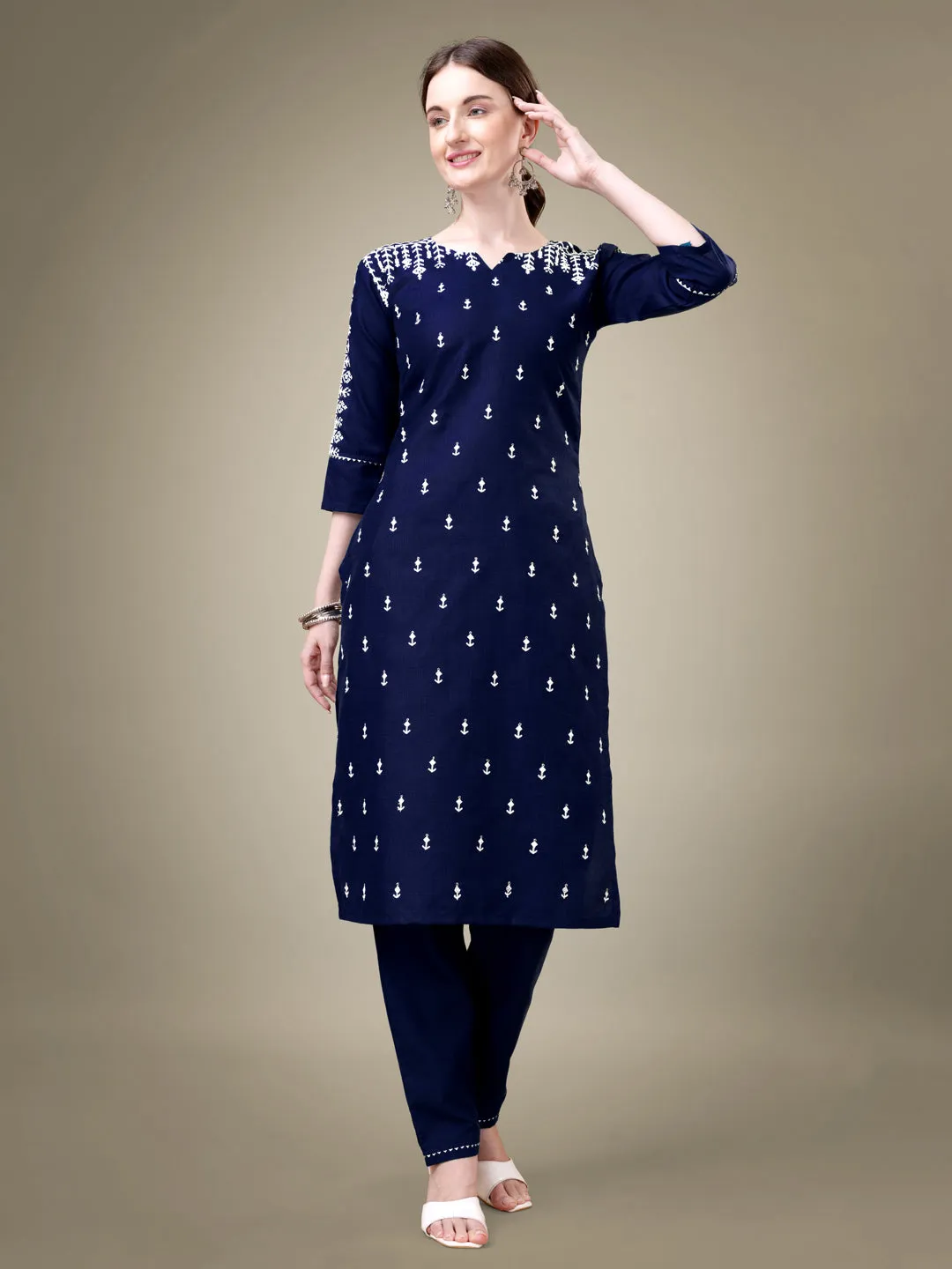 Nevy Blue Heavy Cotton Blend with Embroidery Work Kurti Set