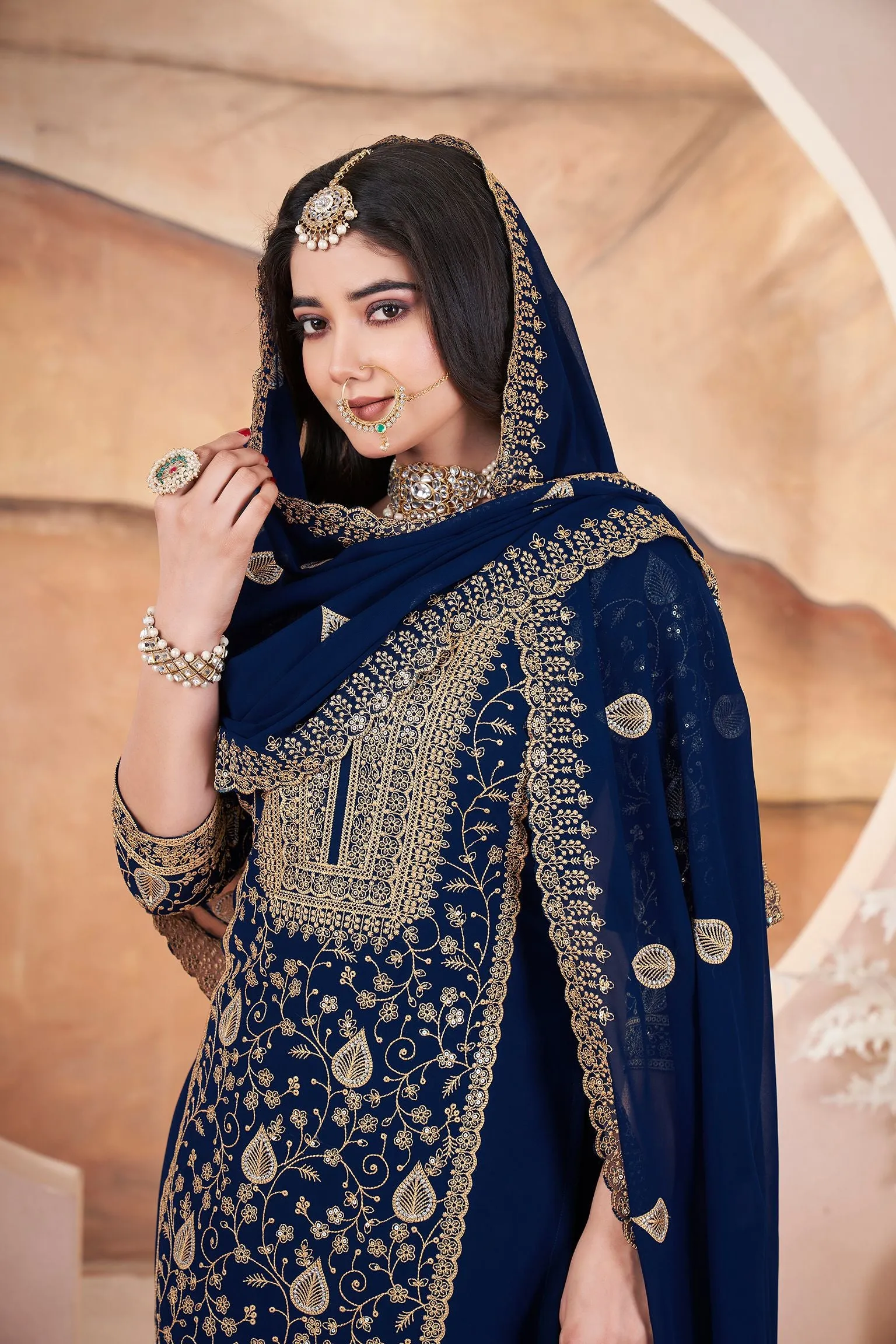 Nevy Blue Readymade Pure Georgette Pakistani Sharara With Embroidery Sequence Work Sharara Suit