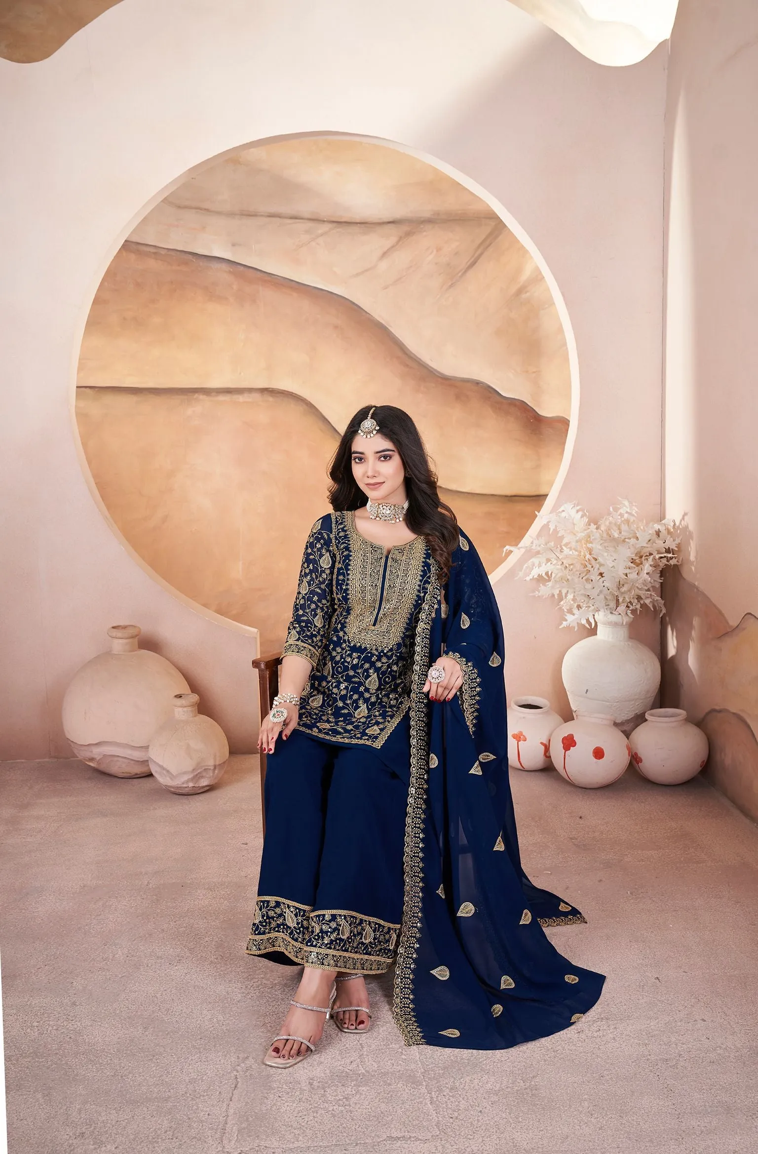 Nevy Blue Readymade Pure Georgette Pakistani Sharara With Embroidery Sequence Work Sharara Suit