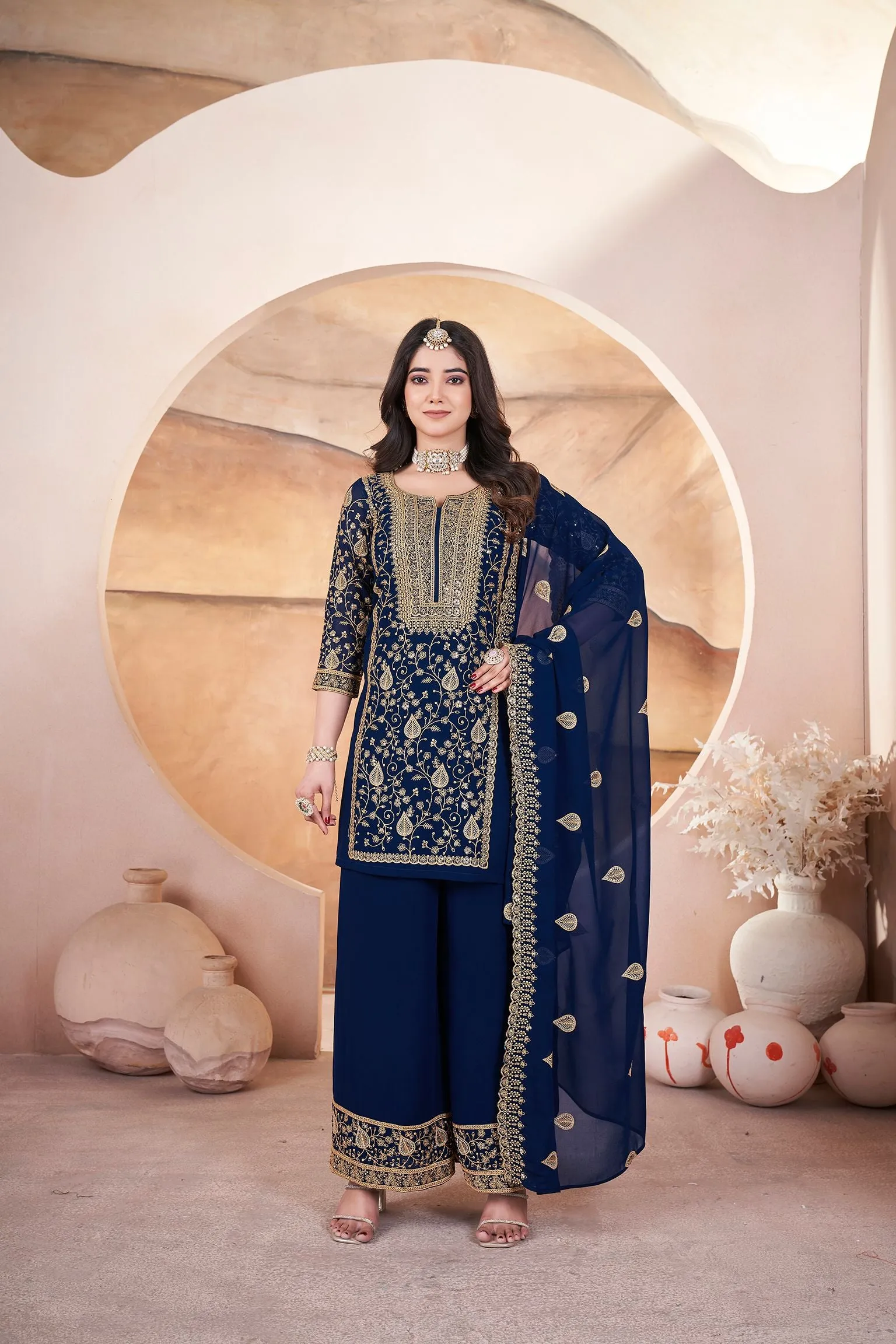 Nevy Blue Readymade Pure Georgette Pakistani Sharara With Embroidery Sequence Work Sharara Suit