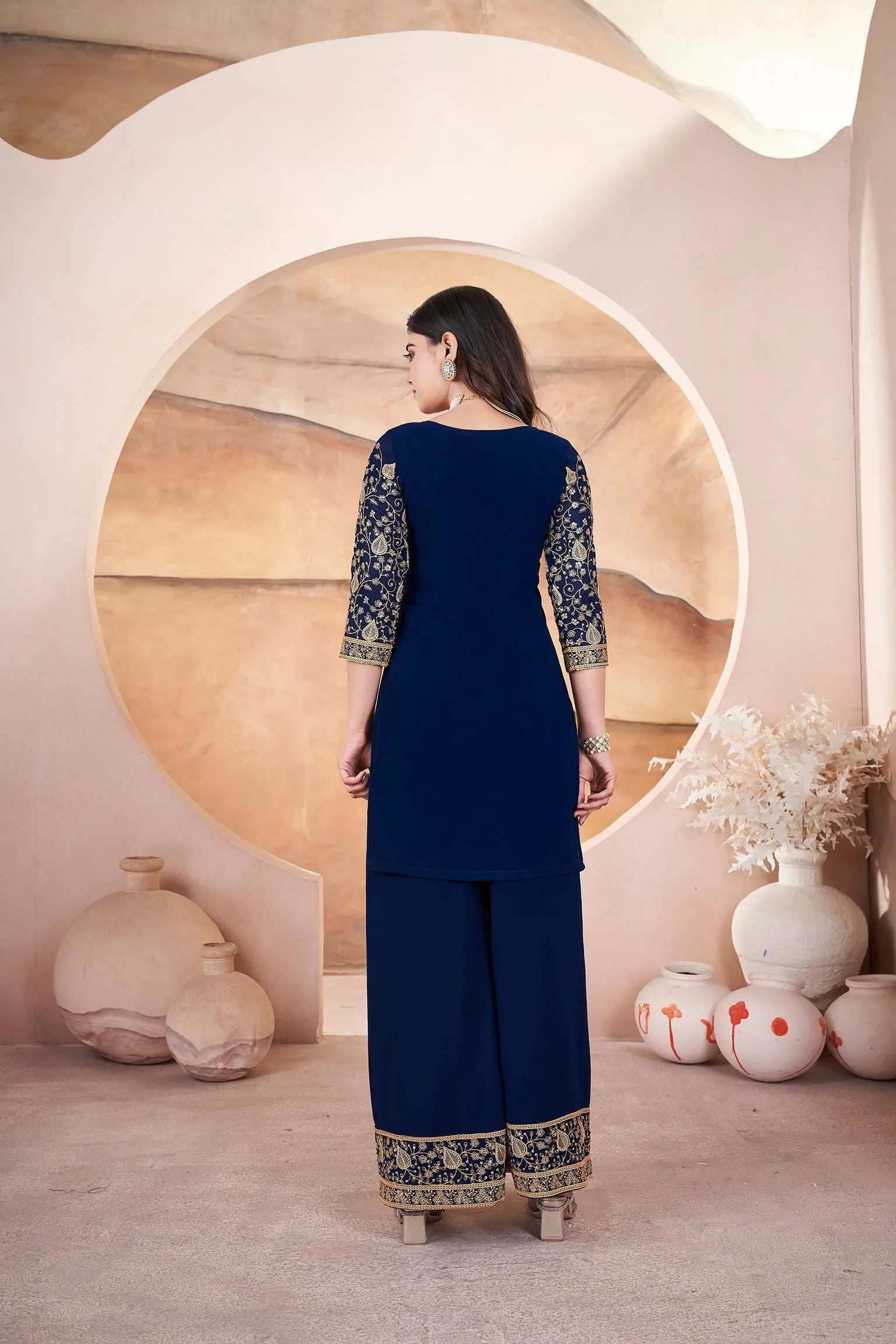 Nevy Blue Readymade Pure Georgette Pakistani Sharara With Embroidery Sequence Work Sharara Suit
