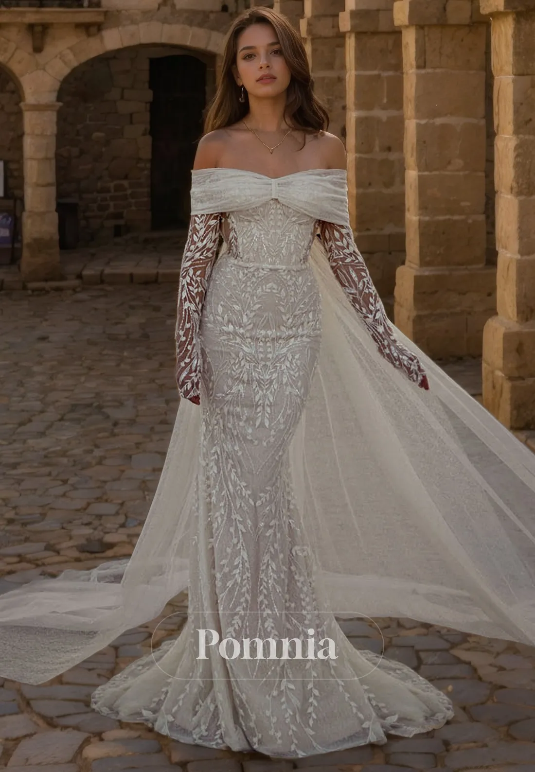 Off-Shoulder Long Sleeves Mermaid/Trumpet Lace Appliques Bohemian Wedding Dress