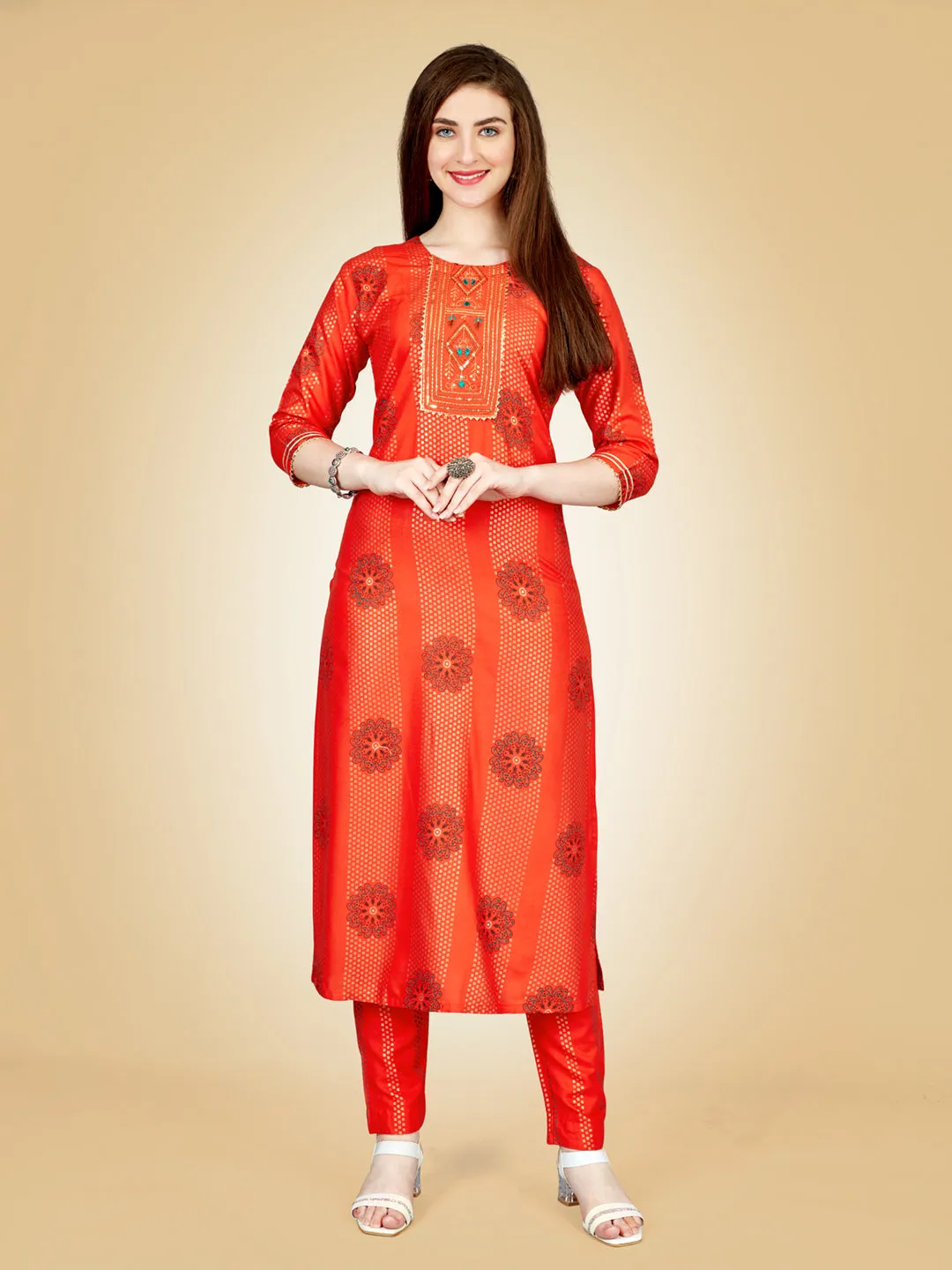 Orange Heavy Rayon Cotton with Embroidery Work Kurti Set