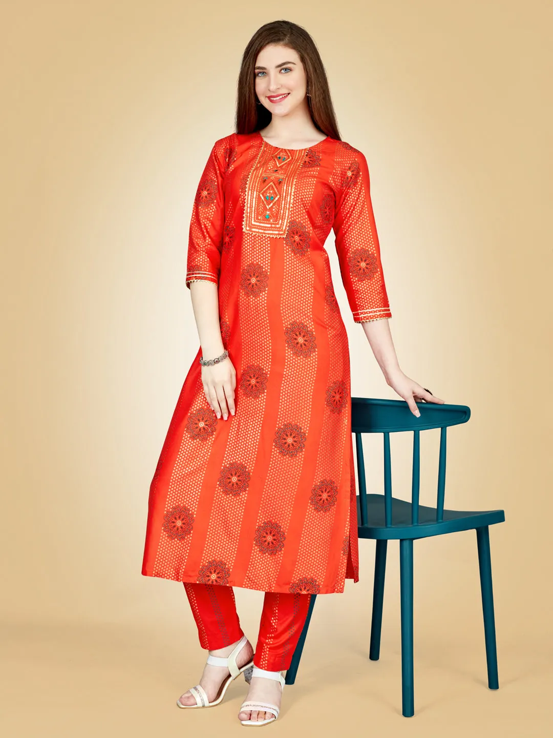 Orange Heavy Rayon Cotton with Embroidery Work Kurti Set