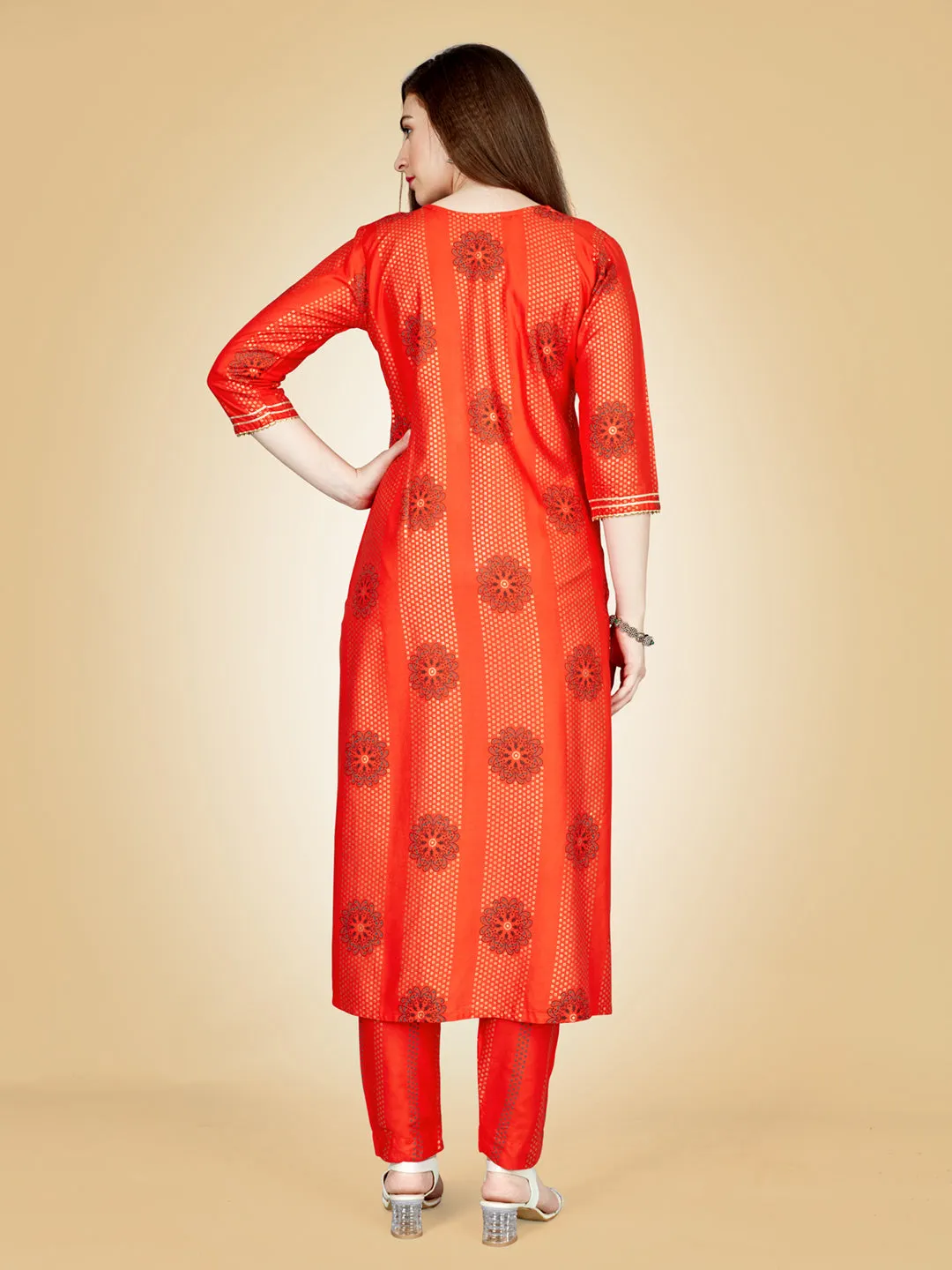 Orange Heavy Rayon Cotton with Embroidery Work Kurti Set