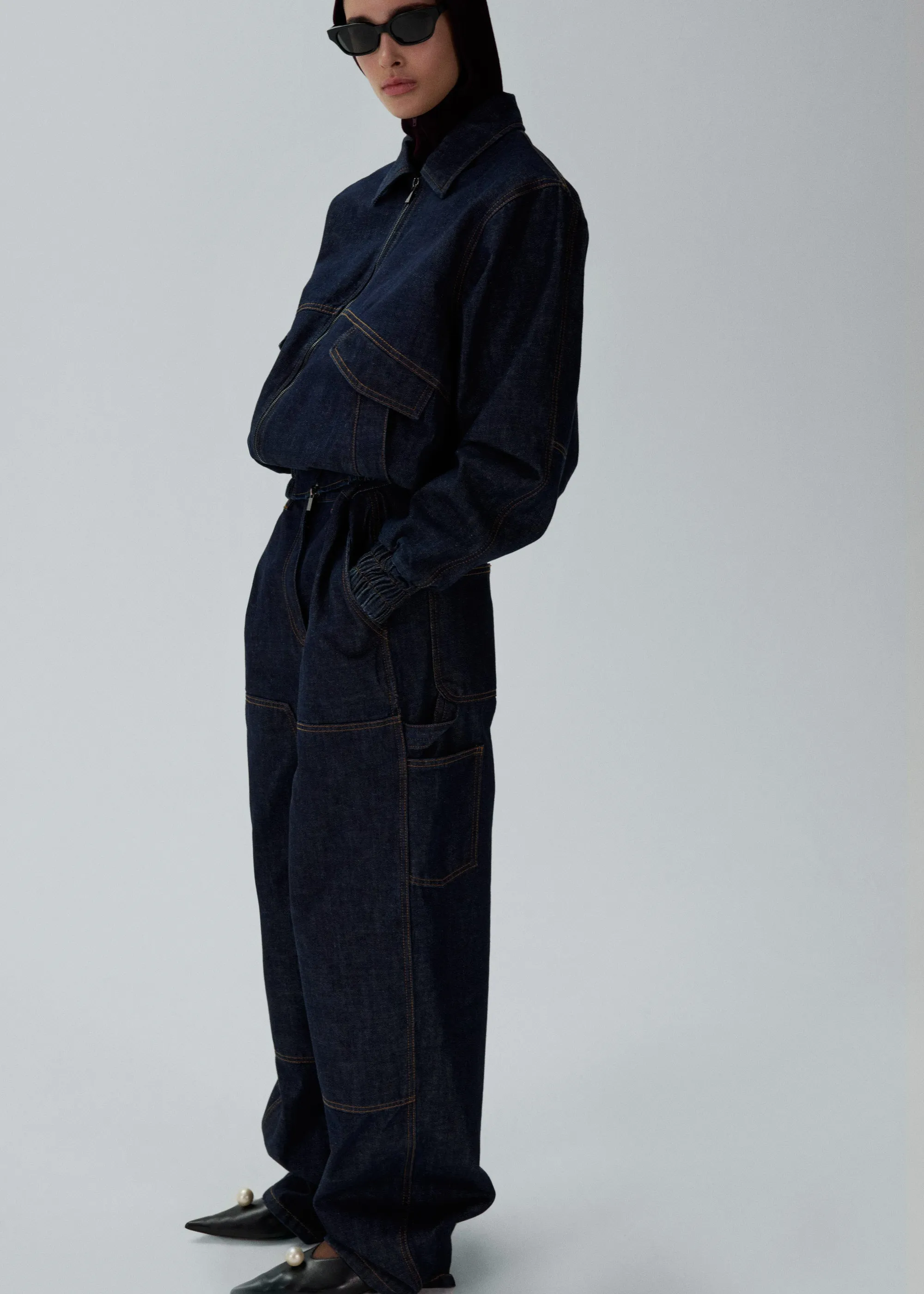 Oversized denim bomber in navy