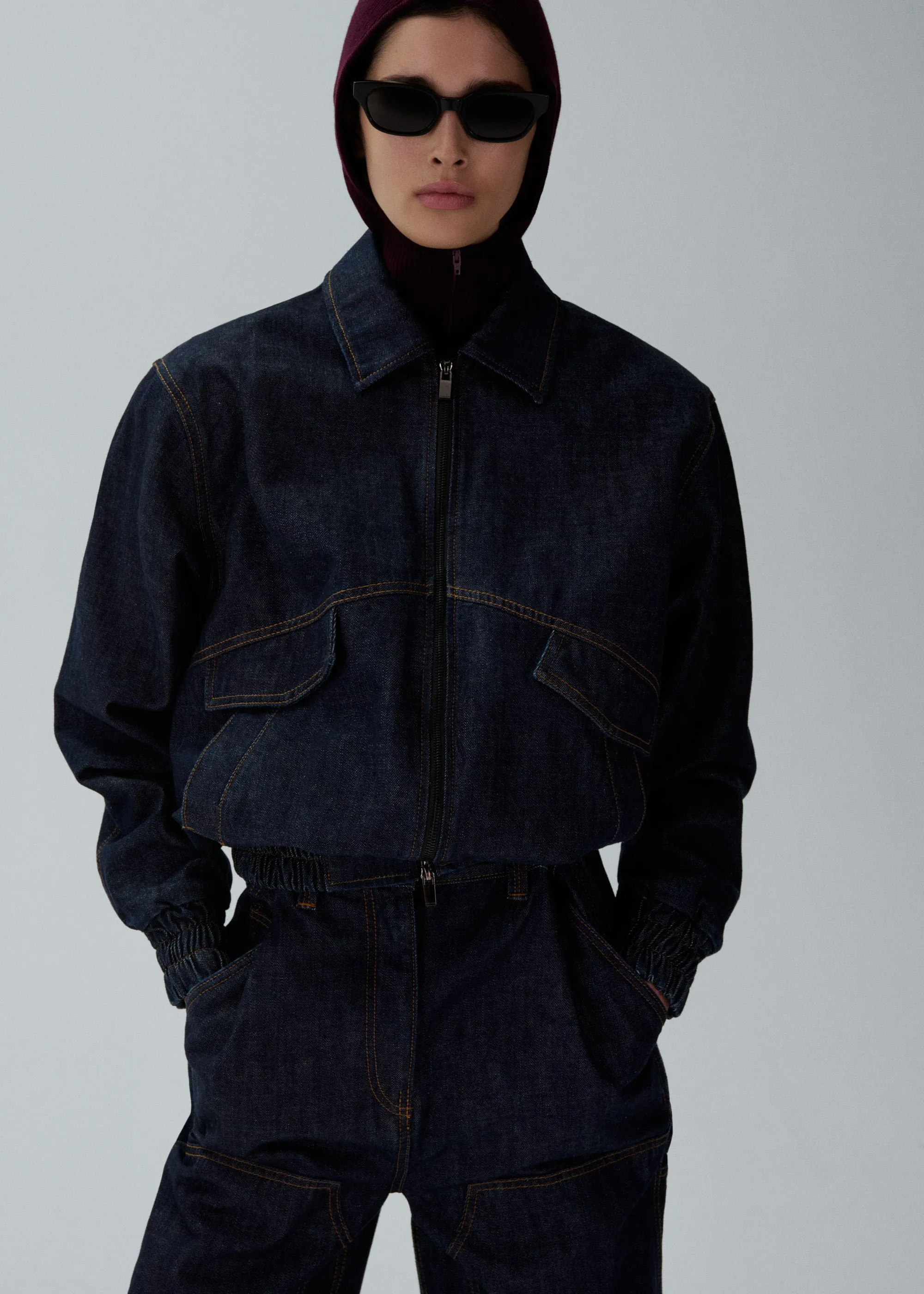 Oversized denim bomber in navy