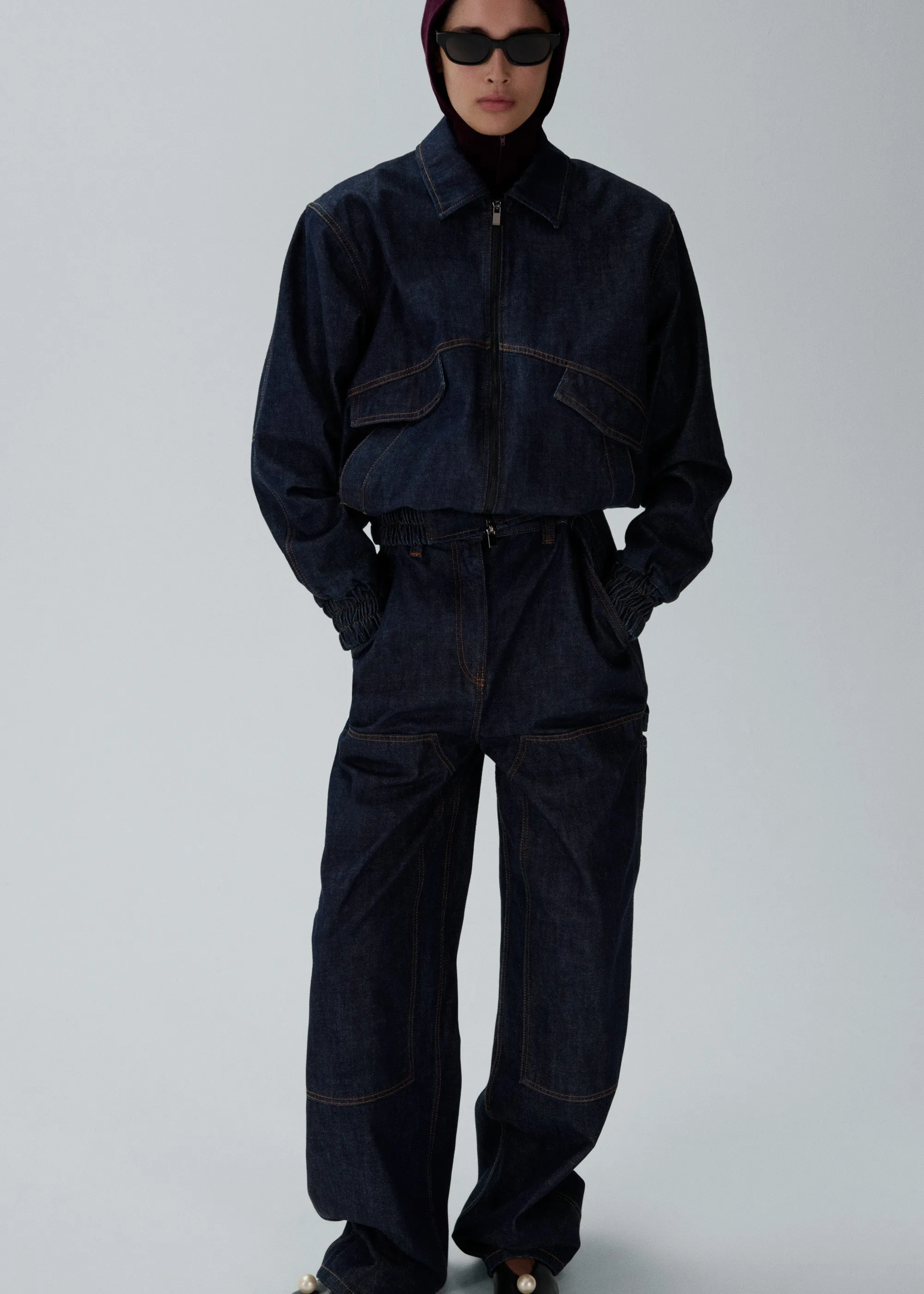 Oversized denim bomber in navy