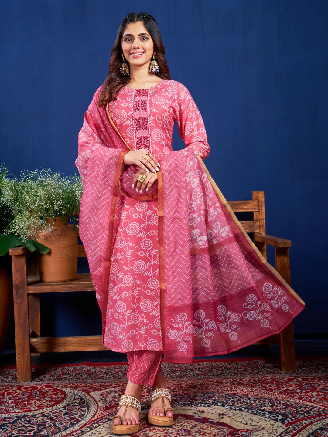 Pink Rayon Print with Embroidery & Fancy Lace Work Kurti Set