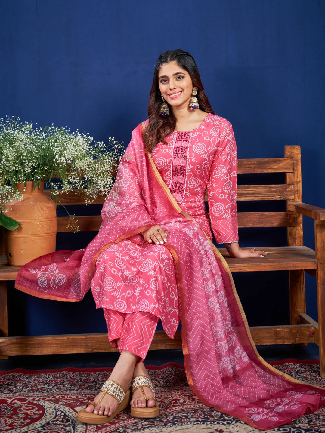 Pink Rayon Print with Embroidery & Fancy Lace Work Kurti Set