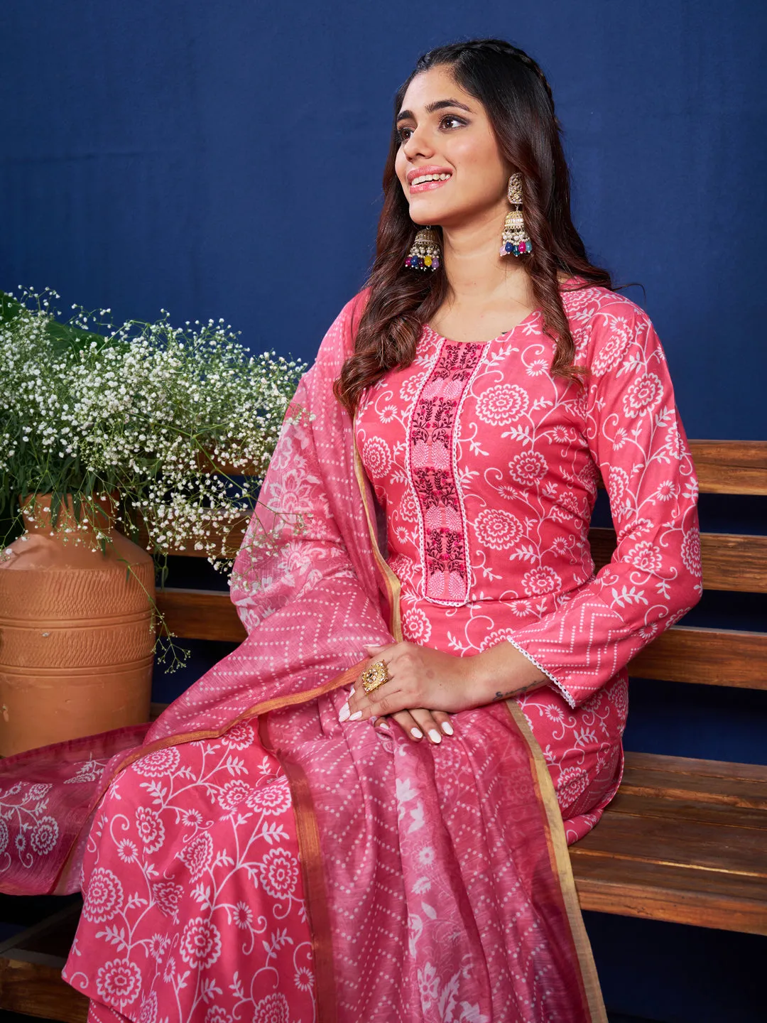 Pink Rayon Print with Embroidery & Fancy Lace Work Kurti Set
