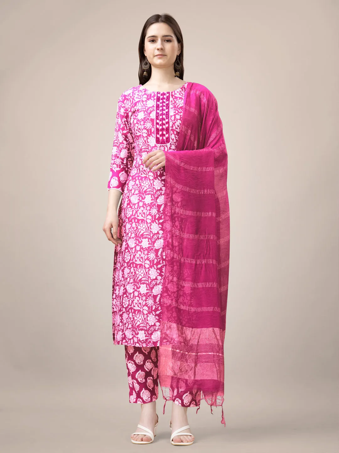 Pink Rayon Print with Embroidery & Sequence Work Kurti Set
