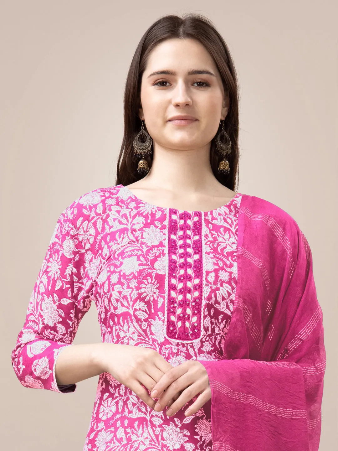 Pink Rayon Print with Embroidery & Sequence Work Kurti Set