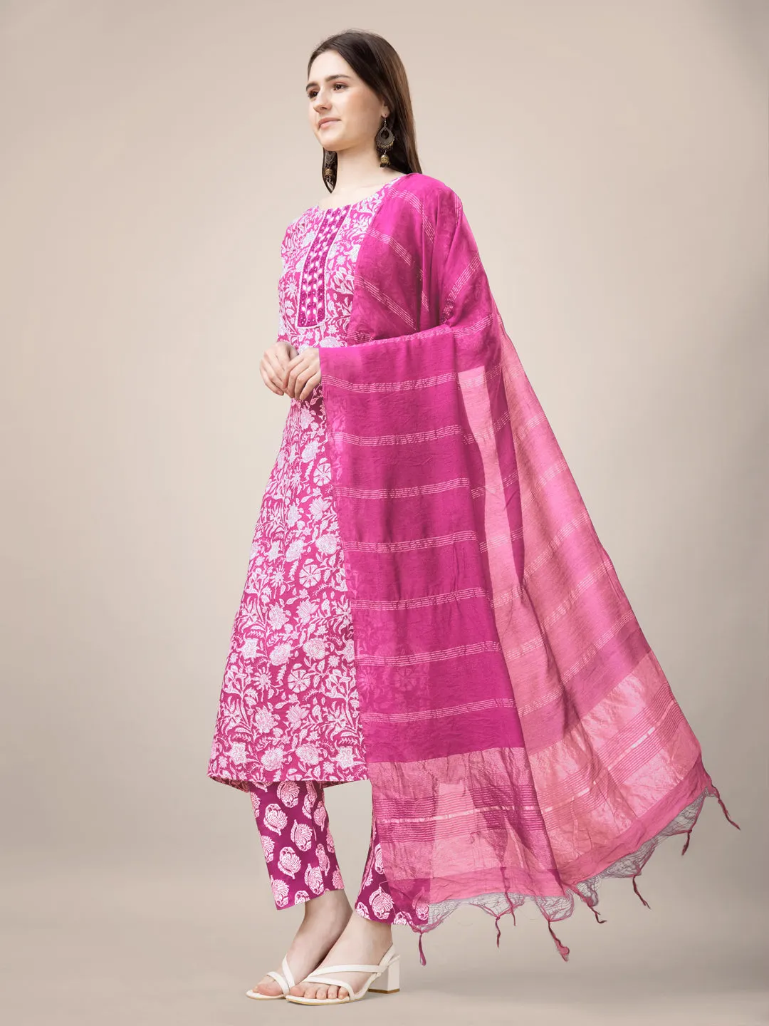 Pink Rayon Print with Embroidery & Sequence Work Kurti Set