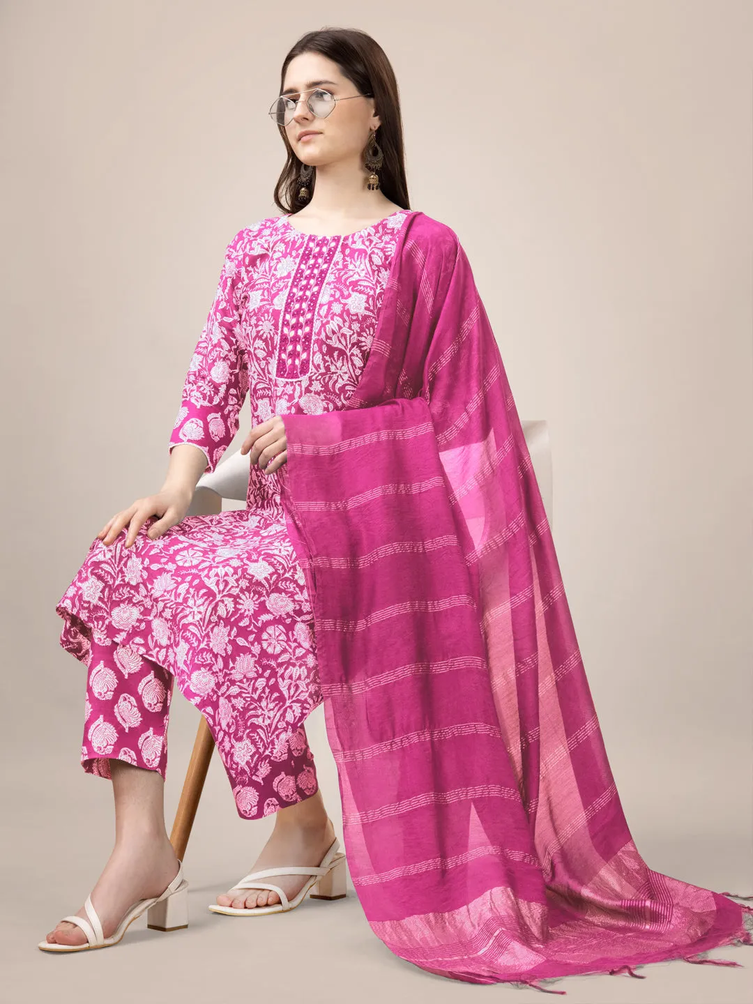 Pink Rayon Print with Embroidery & Sequence Work Kurti Set