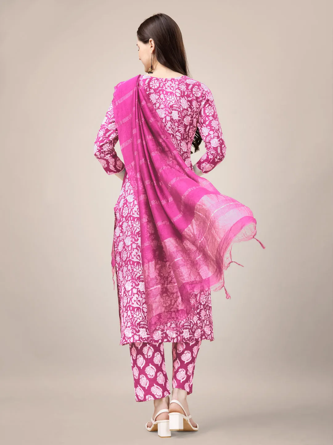 Pink Rayon Print with Embroidery & Sequence Work Kurti Set