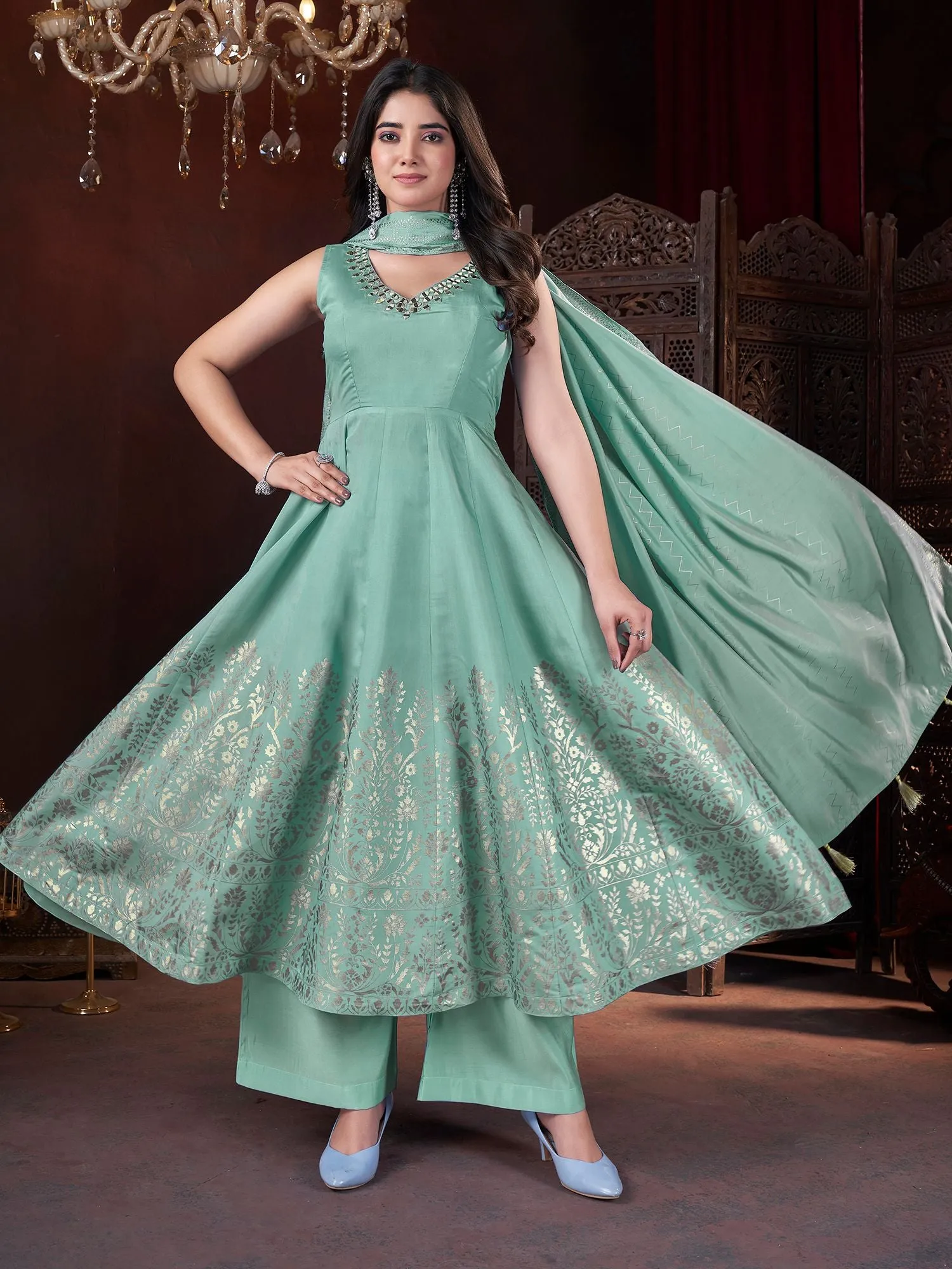 Pista Colour Pure Roman Silk Readymade Salwar Suit With Foil Print, Mirror And Thread Work Anarkali Salwar Suit