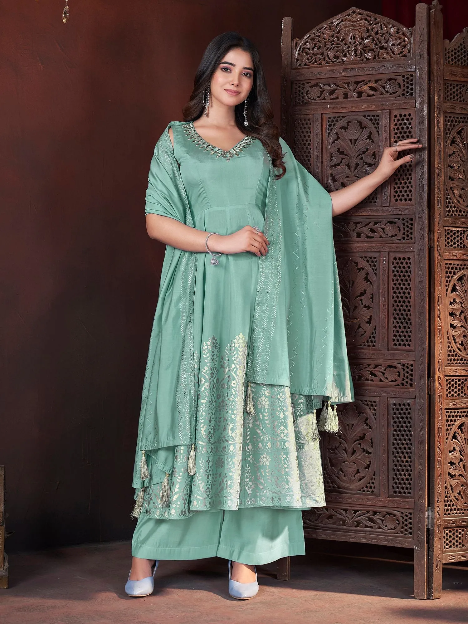Pista Colour Pure Roman Silk Readymade Salwar Suit With Foil Print, Mirror And Thread Work Anarkali Salwar Suit
