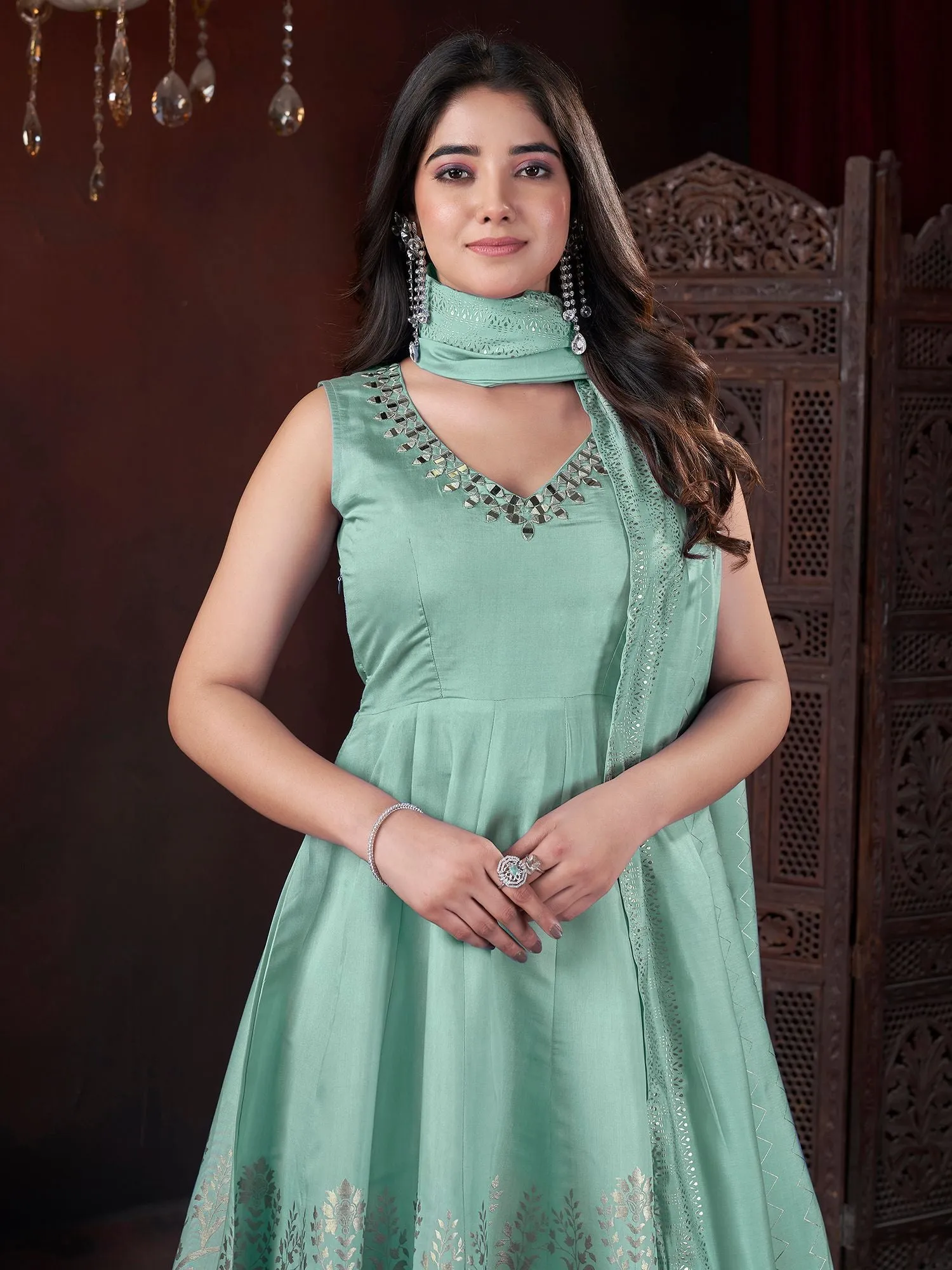Pista Colour Pure Roman Silk Readymade Salwar Suit With Foil Print, Mirror And Thread Work Anarkali Salwar Suit