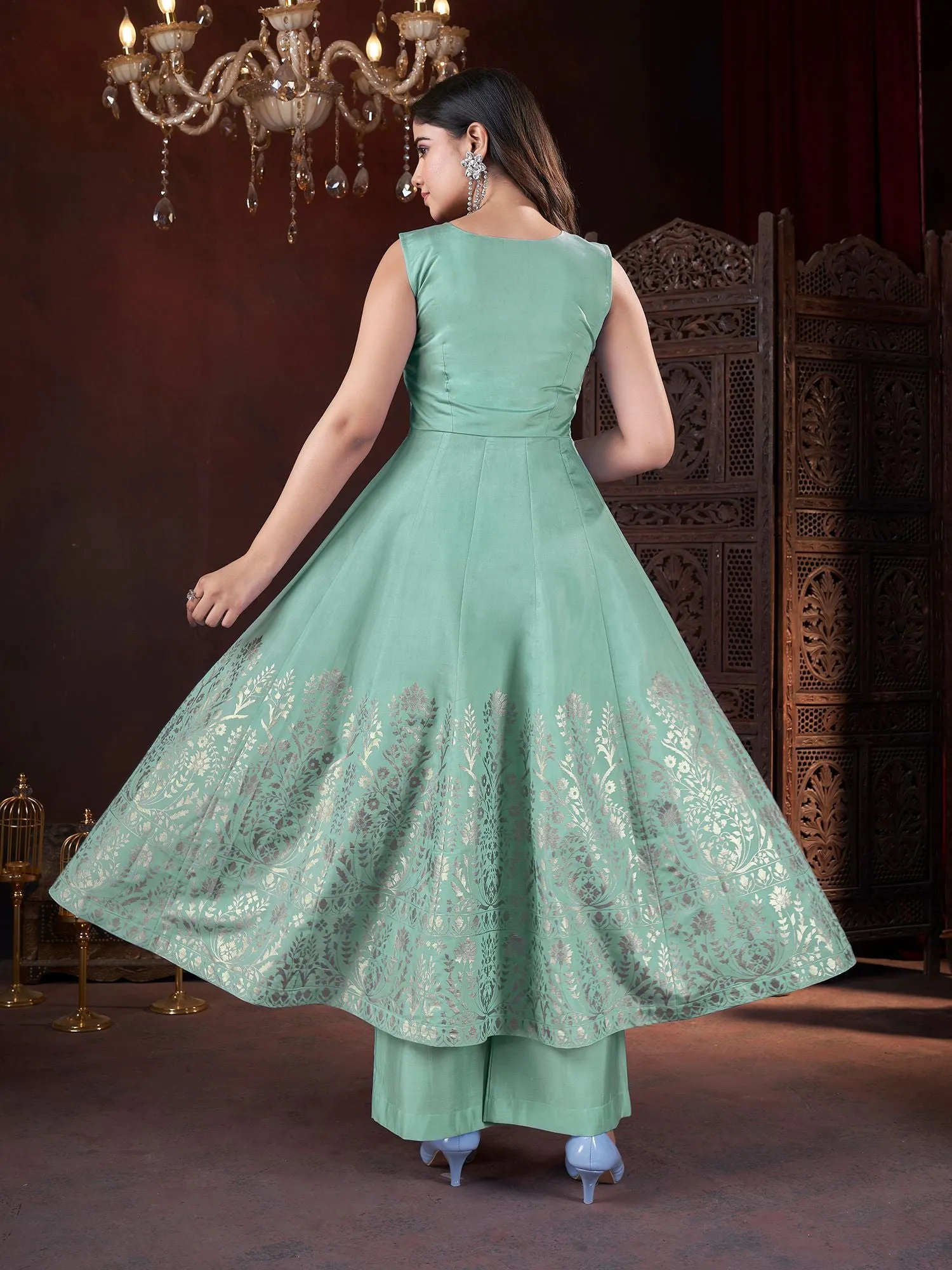 Pista Colour Pure Roman Silk Readymade Salwar Suit With Foil Print, Mirror And Thread Work Anarkali Salwar Suit