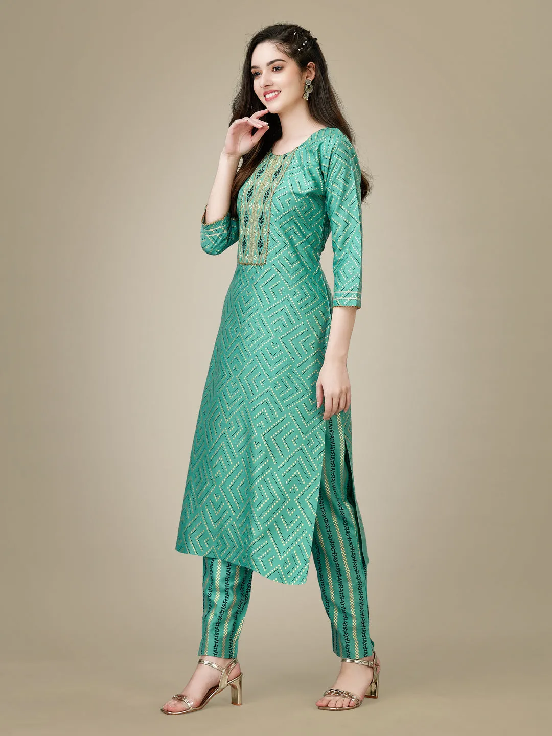 Pista Heavy Rayon Cotton with Embroidery Work Kurti Set