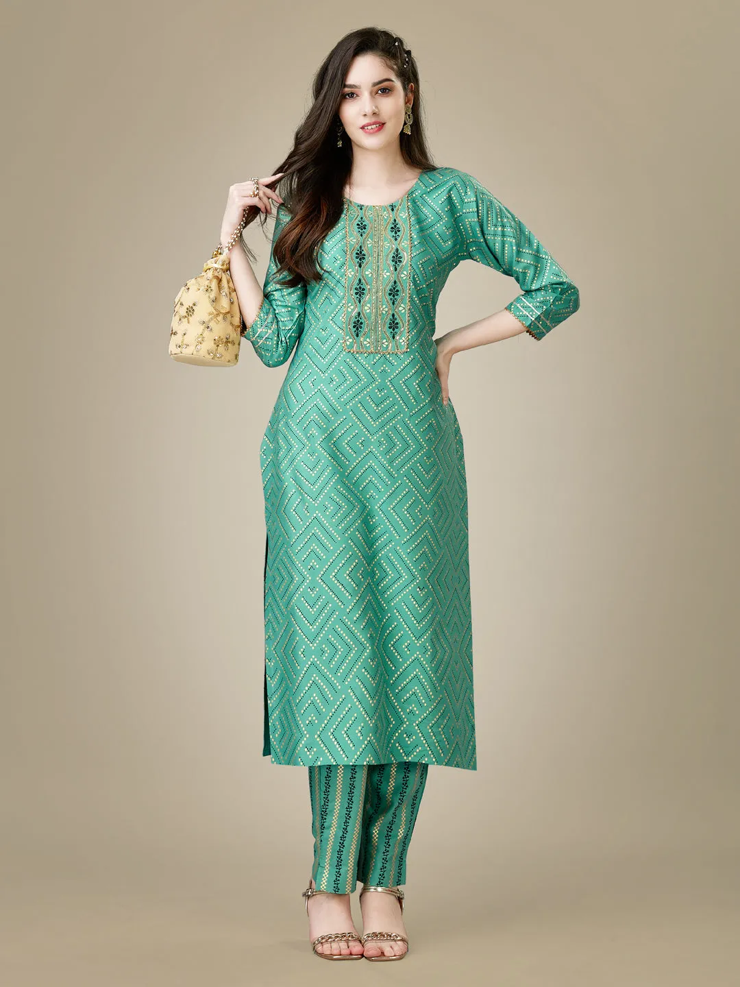 Pista Heavy Rayon Cotton with Embroidery Work Kurti Set