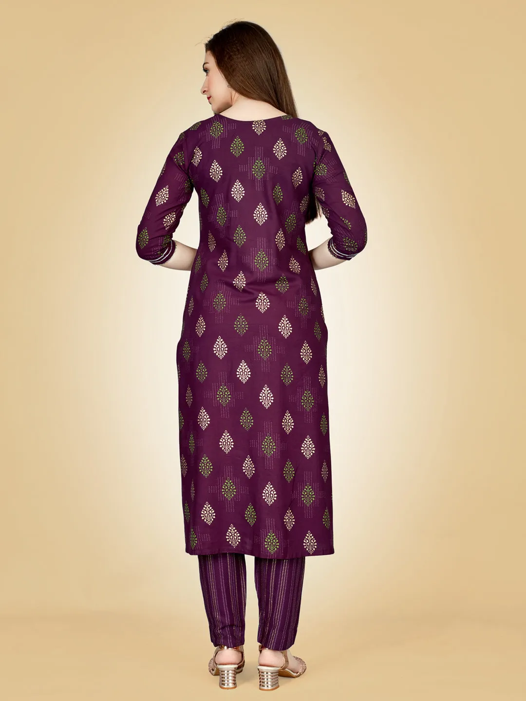 Purple Heavy Rayon Cotton with Embroidery Work Kurti Set