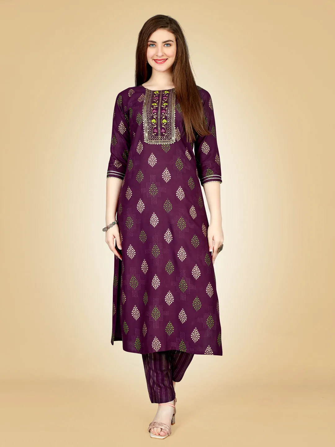 Purple Heavy Rayon Cotton with Embroidery Work Kurti Set