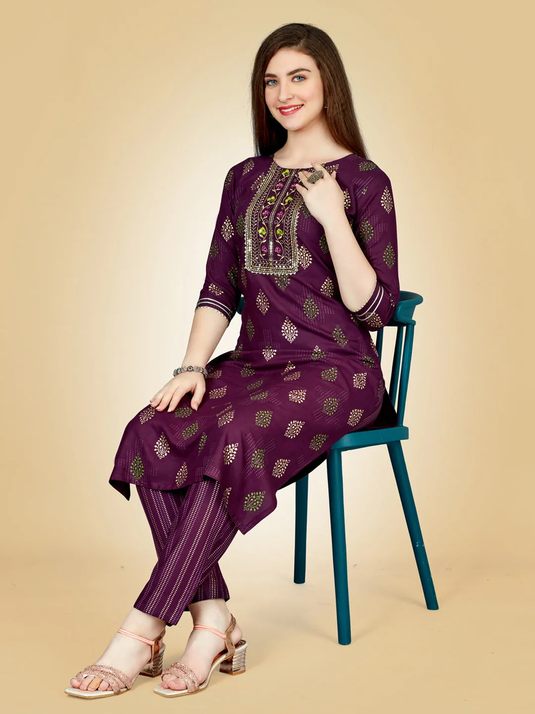 Purple Heavy Rayon Cotton with Embroidery Work Kurti Set