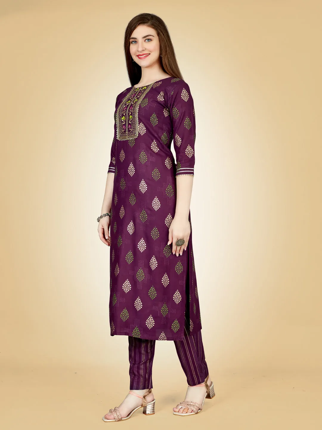 Purple Heavy Rayon Cotton with Embroidery Work Kurti Set