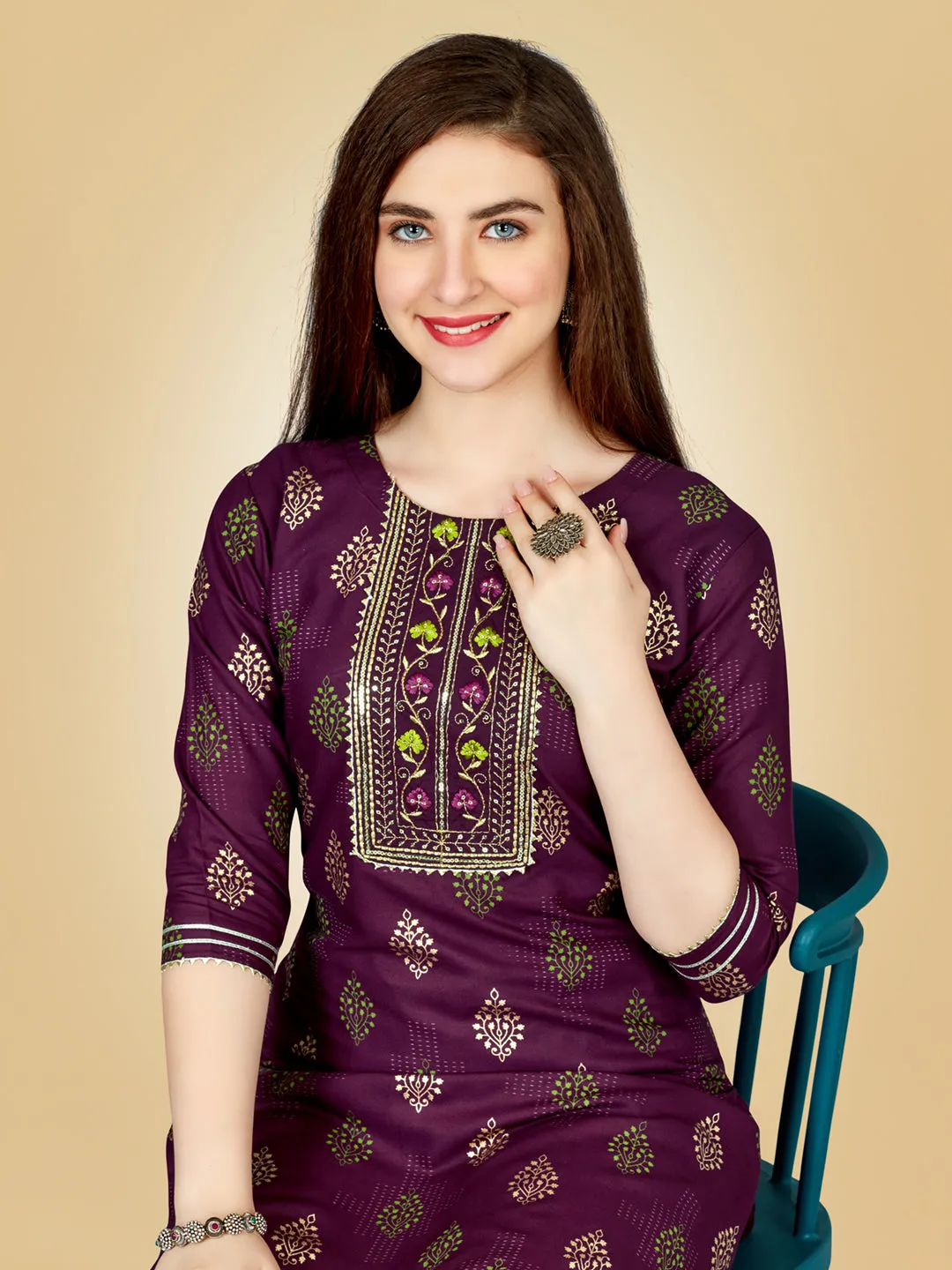 Purple Heavy Rayon Cotton with Embroidery Work Kurti Set