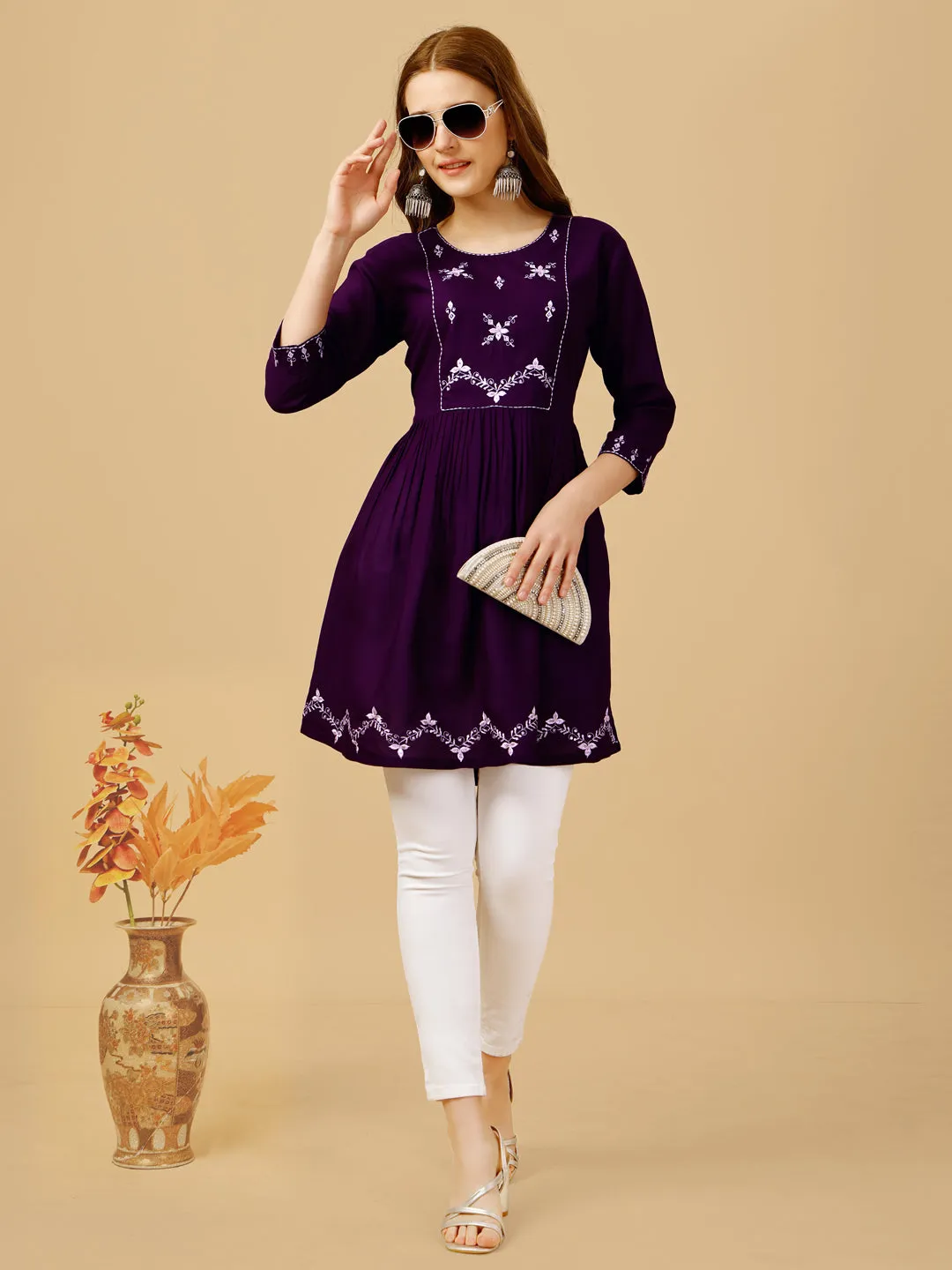 Purple Heavy Rayon with Embroidery & Sequence Work Western Top Kurti
