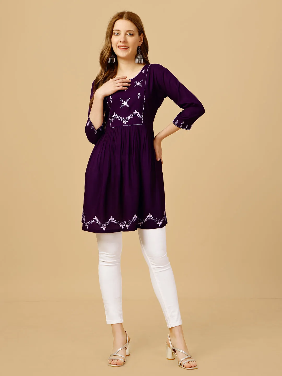 Purple Heavy Rayon with Embroidery & Sequence Work Western Top Kurti