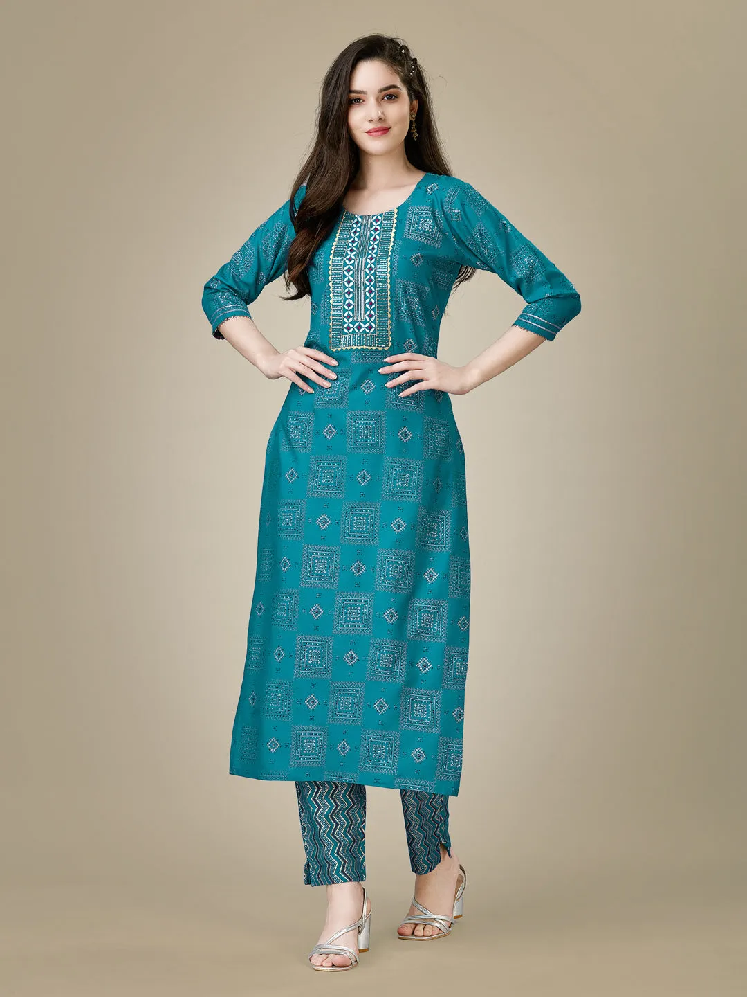 Rama Heavy Rayon Cotton with Embroidery Work Kurti Set