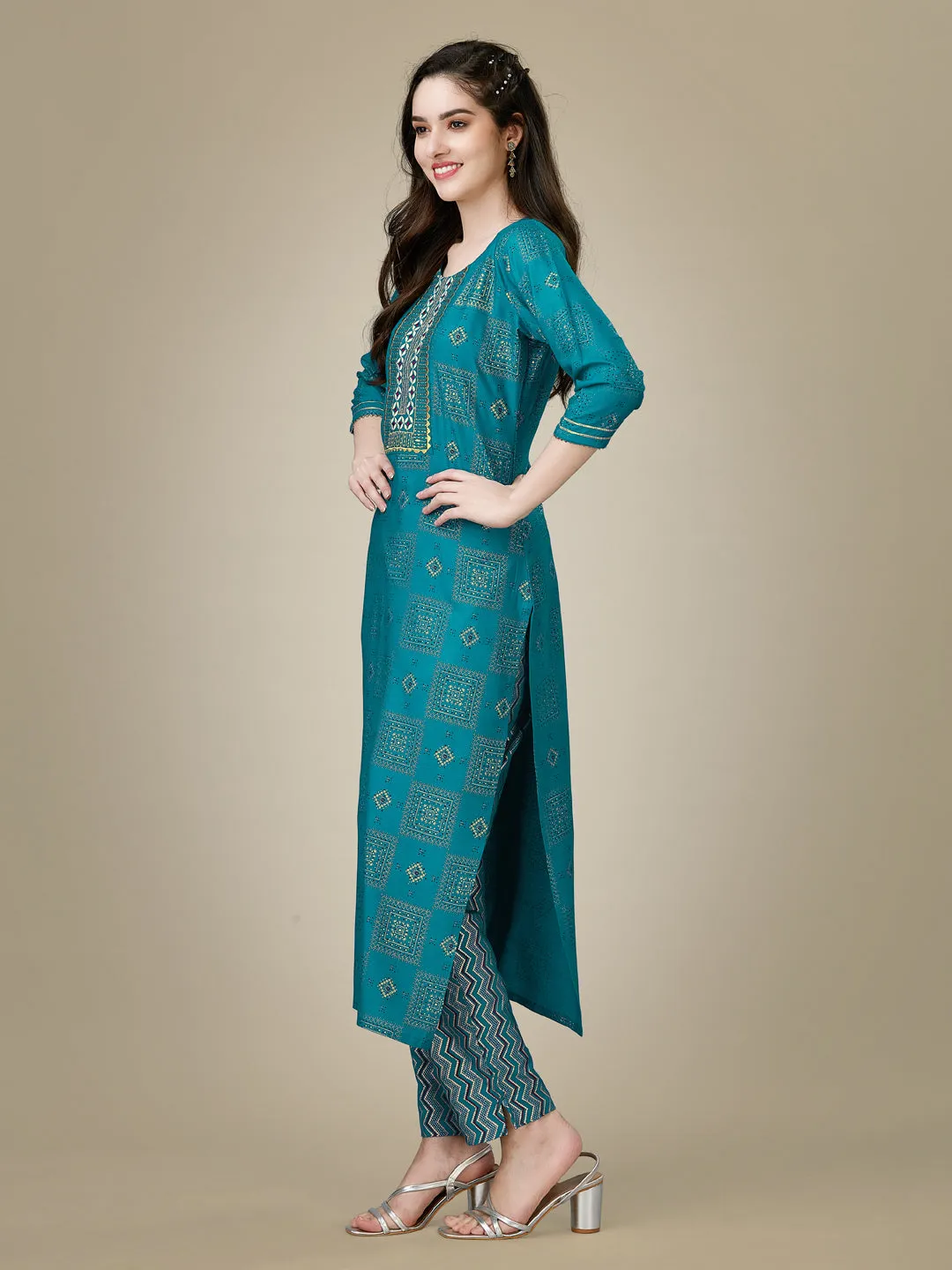 Rama Heavy Rayon Cotton with Embroidery Work Kurti Set