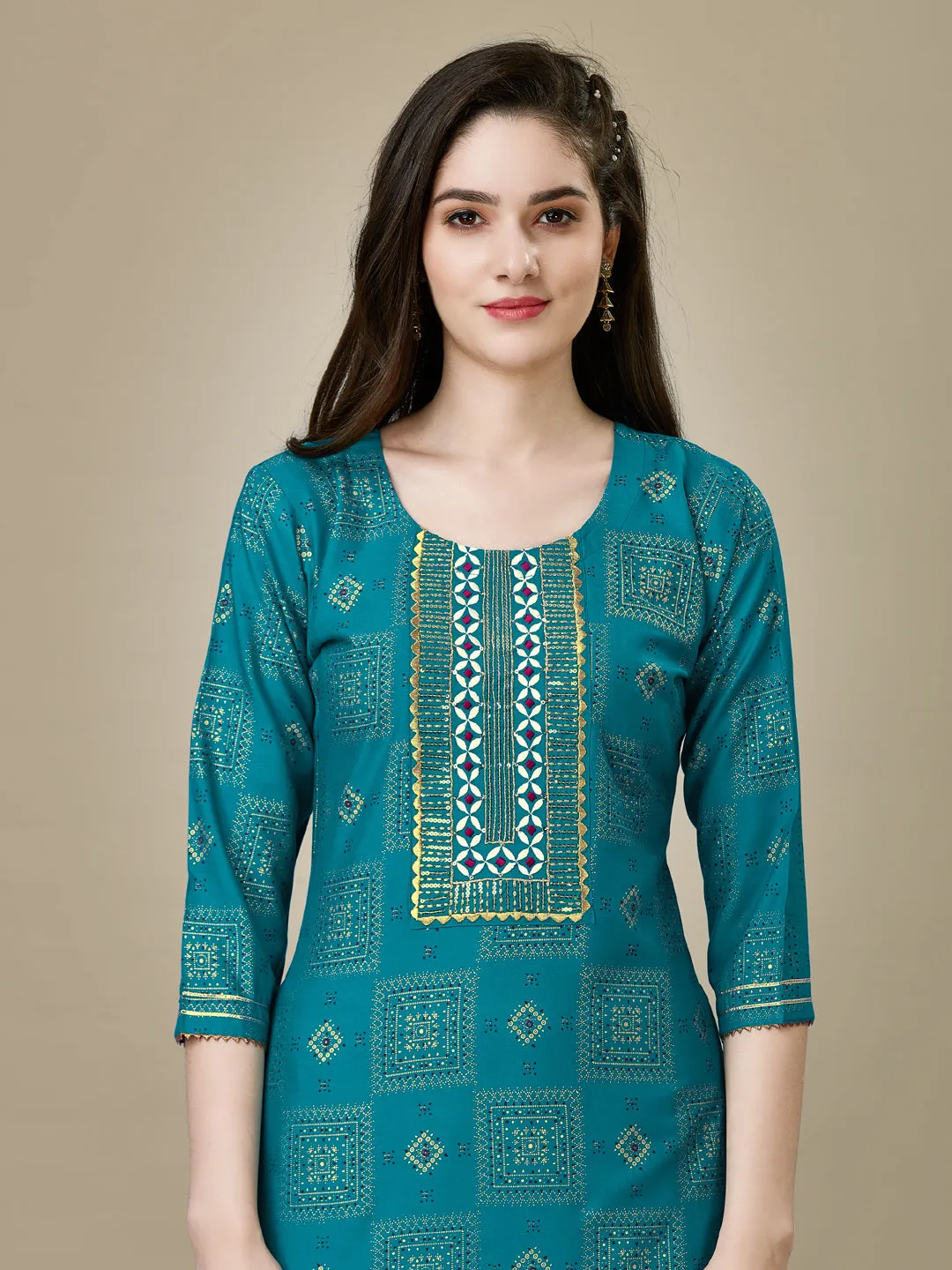 Rama Heavy Rayon Cotton with Embroidery Work Kurti Set