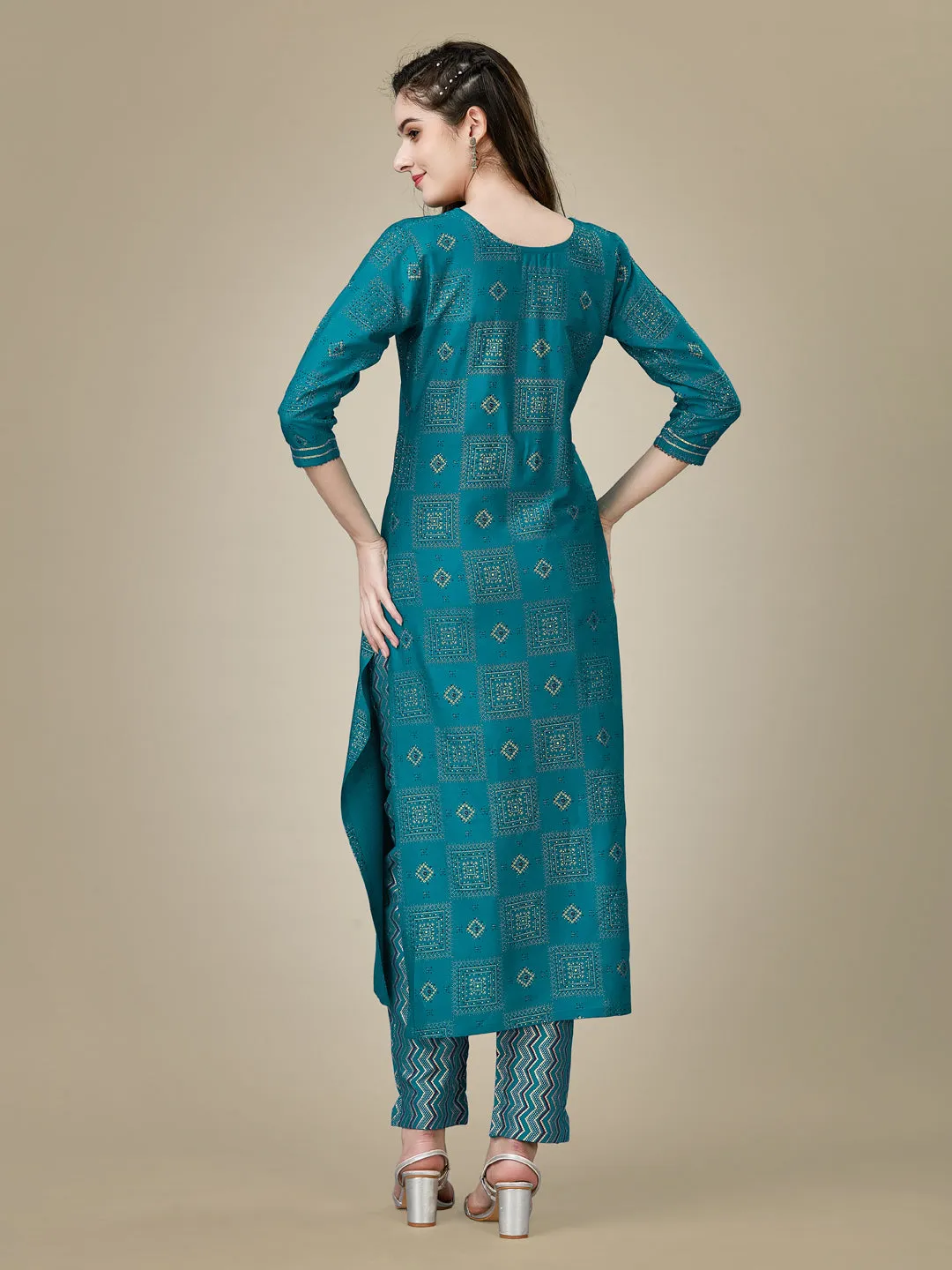 Rama Heavy Rayon Cotton with Embroidery Work Kurti Set